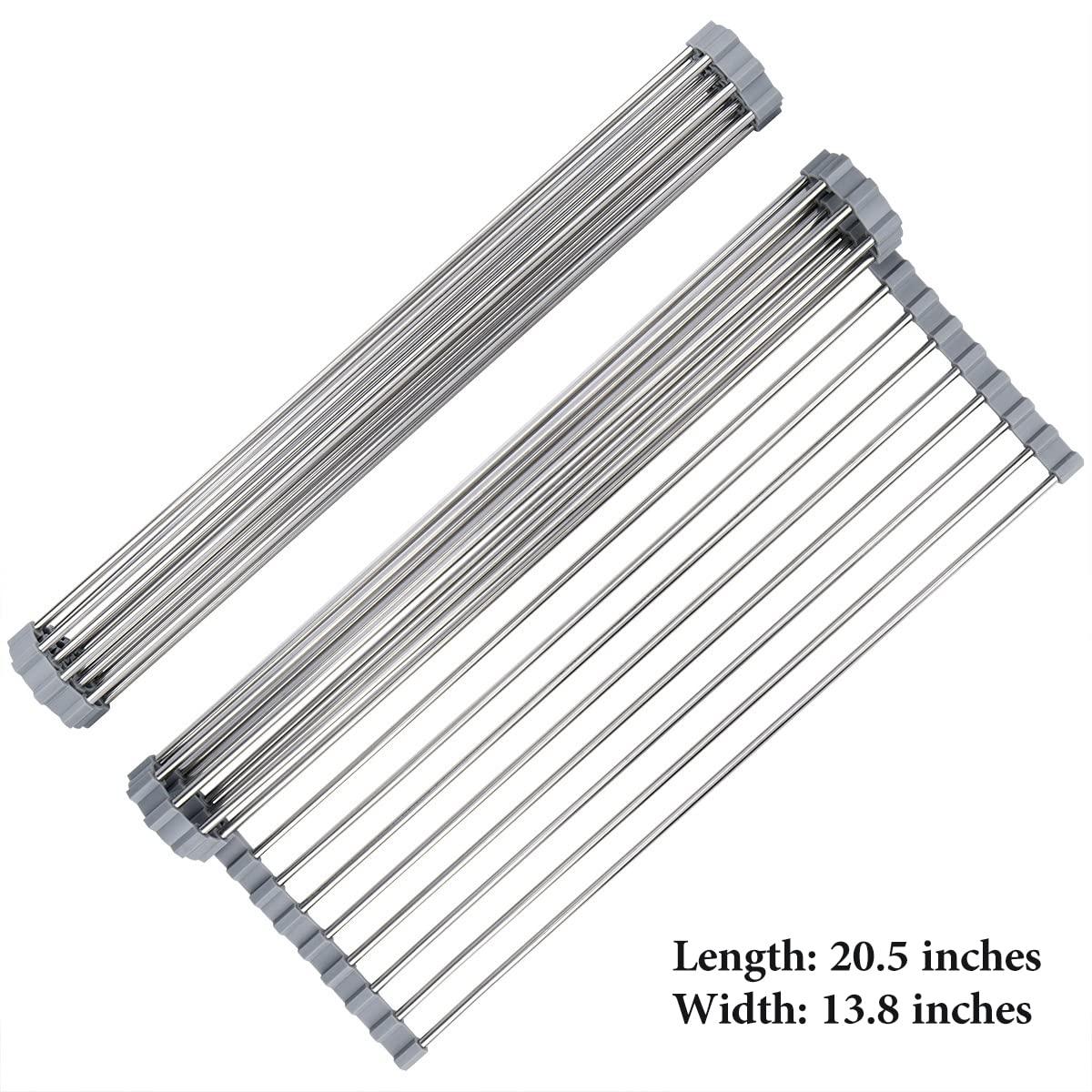Roll Up Dish Drying Rack 20.5"(L) x 13.8"(W) - Stainless Steel and Silicone Dish Drying Mat Over The Sink Foldable Drain Rack Multipurpose Dish Drainer Extra Large, Gray