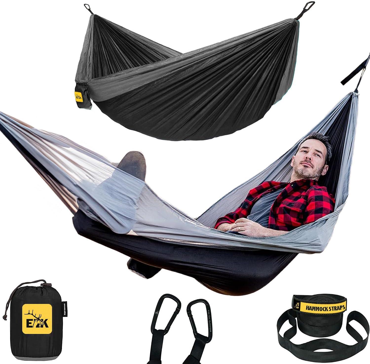 ELK Single Person Hammock with Tree Straps - Lightweight Parachute Nylon for Outdoor Adventures (Black/Gray)