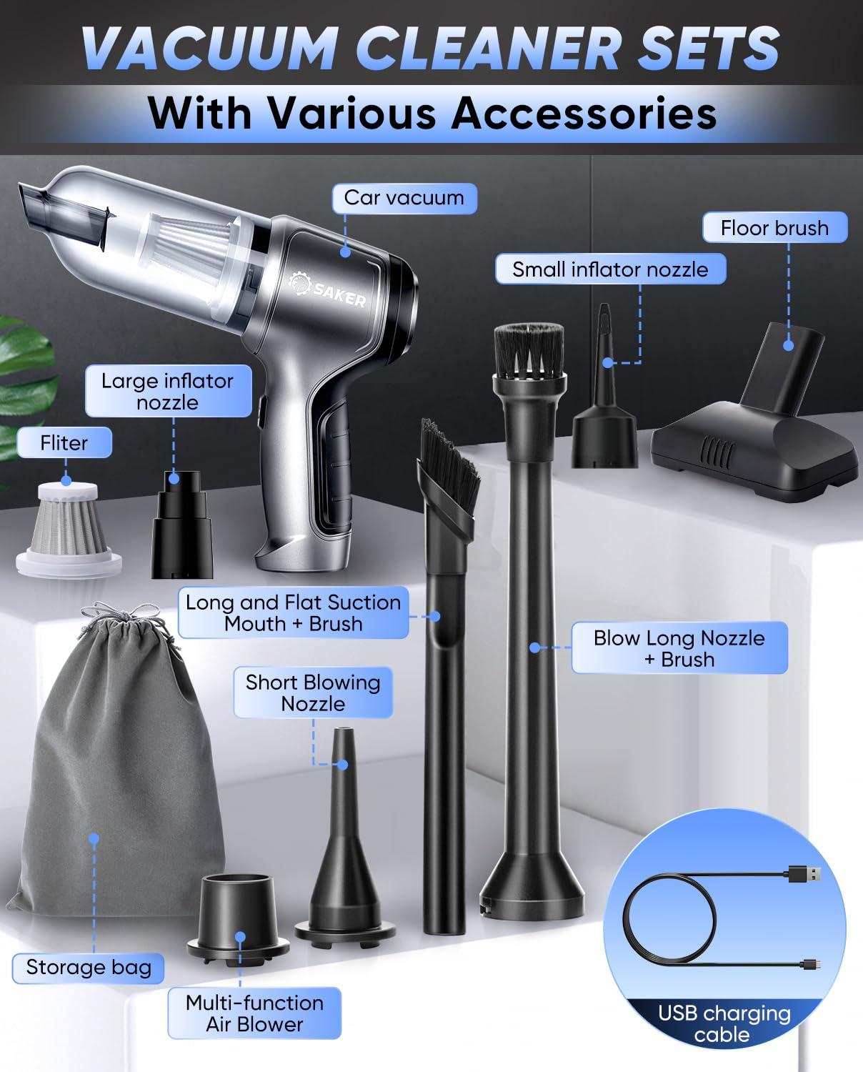 Saker Car Vacuum Portable Cordless 3 in 1 Handheld Car Vacuum 15000PA High Power with Brushless Motor and TypeC for Cars,Office,Home Cleaning HL107B