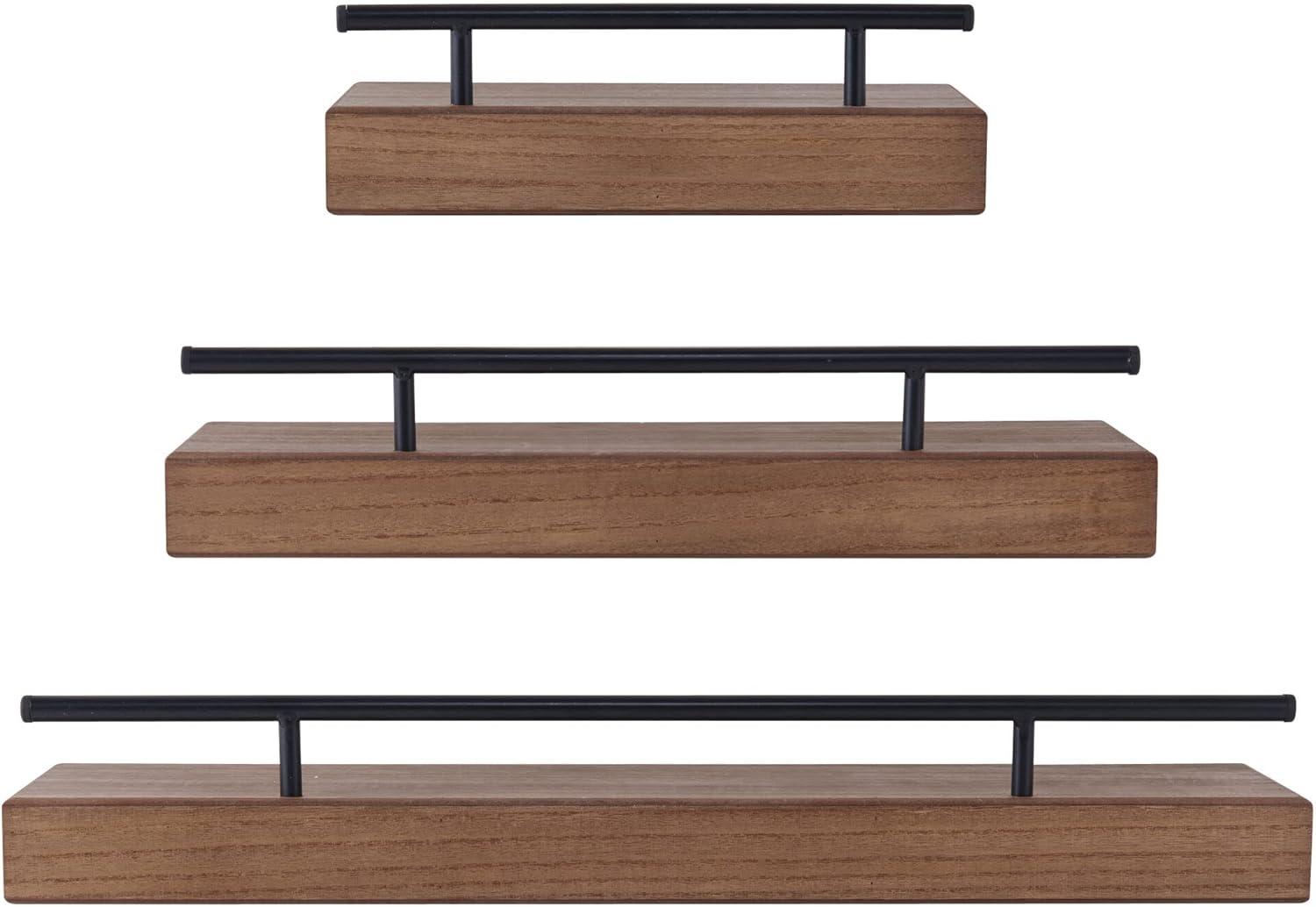 Rustic Natural Wood 3-Piece Floating Wall Shelf Set with Metal Railing