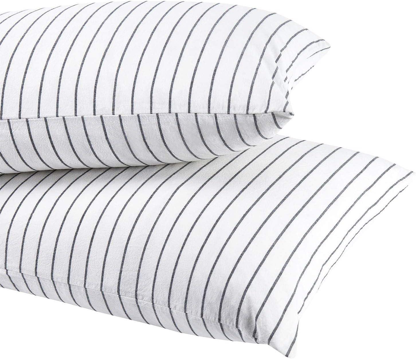 Wake In Cloud - Striped Pillow Cases, 100% Washed Cotton, Ticking Stripe Vertical Pinstripe Neutral Farmhouse, Set of 2 Pillowcases Pillow Shams Covers, Gray, Standard Size 20x26 Inches