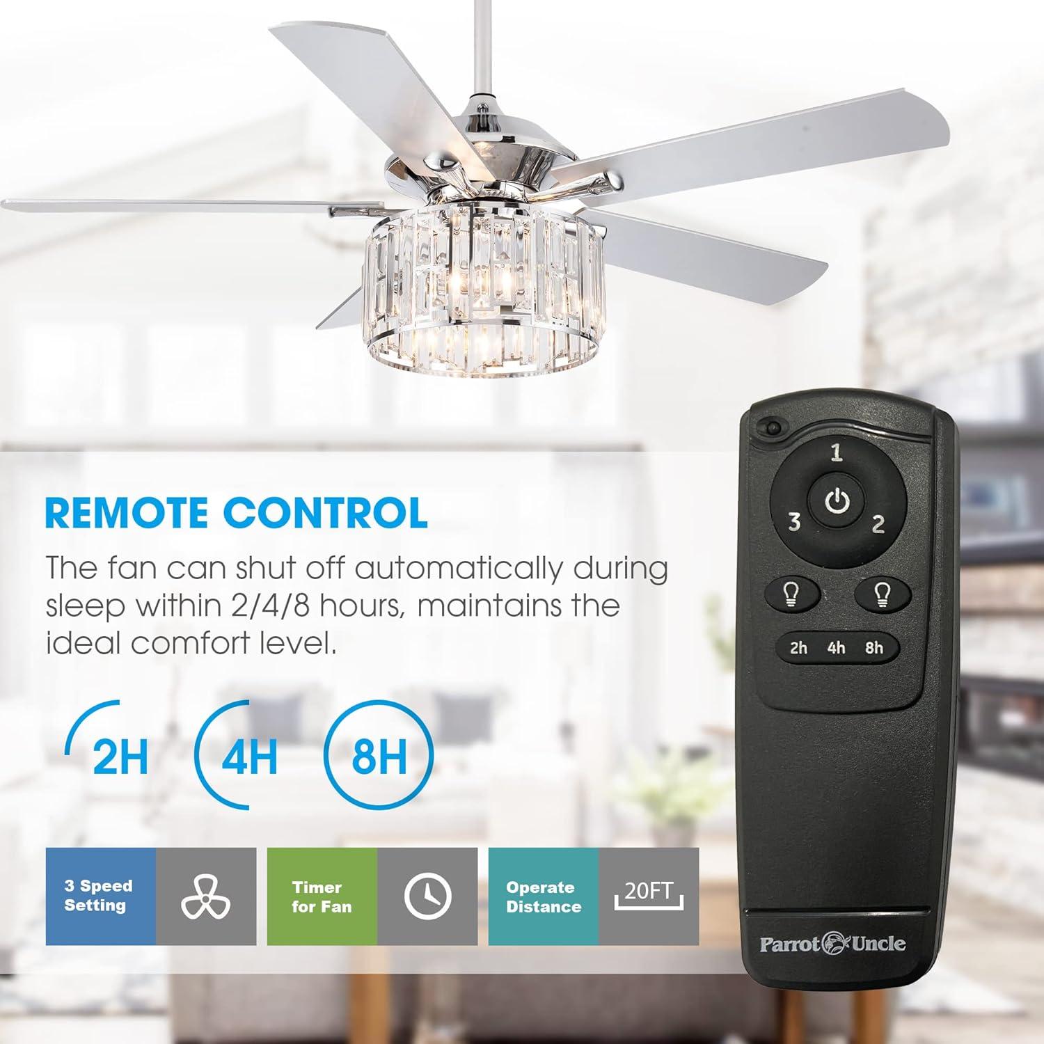 Parrot Uncle 52" Modern Black Crystal Ceiling Fan with Light and Remote