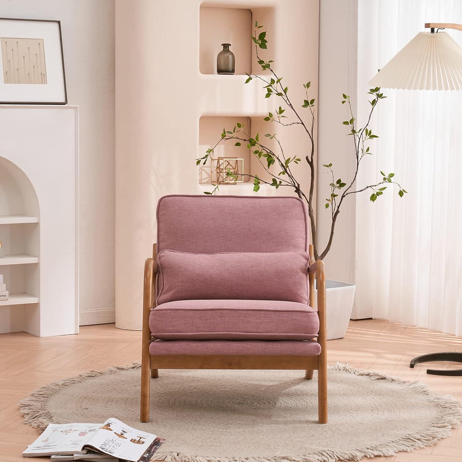 George Oliver Lemley Mid Century Solid Wood Accent Chair Upholstered Armchair with an Extra Pillow