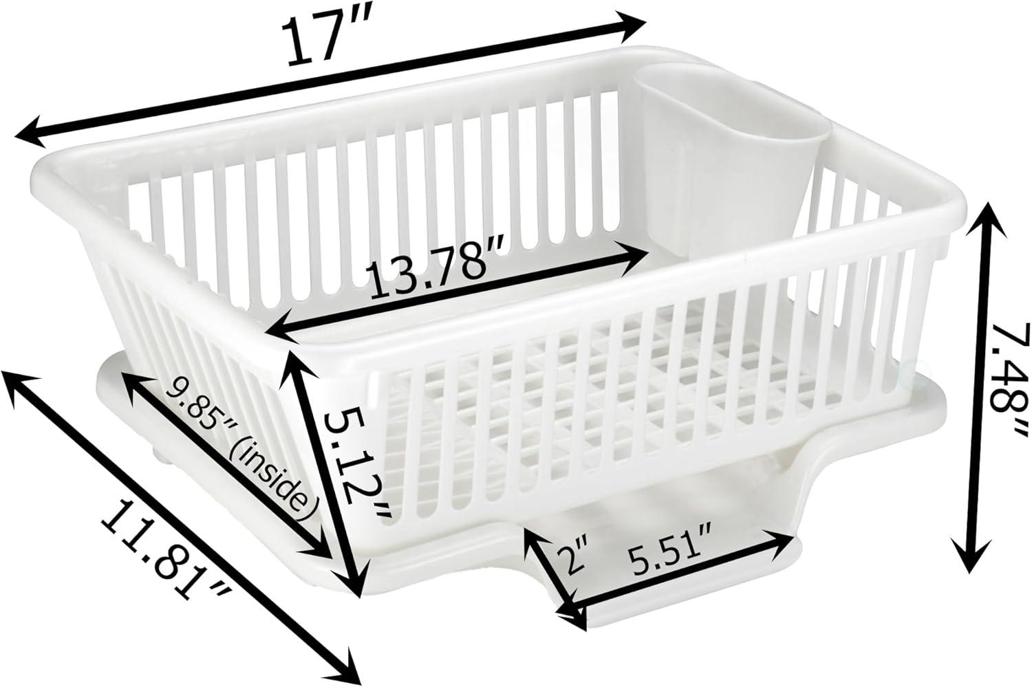 Basicwise Heavy Duty 2-Piece Plastic Dish Drying Rack Set in White - Includes Large Dish Drainer, Attached Drainboard, and Utensil Cup Holders for Home Kitchen Countertop Organization