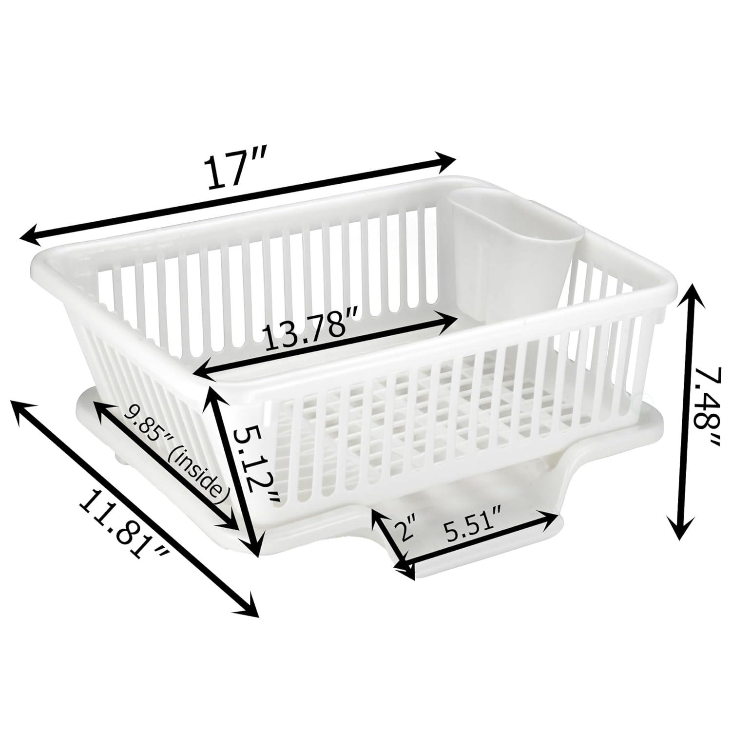 Basicwise Heavy Duty 2-Piece Plastic Dish Drying Rack Set in White - Includes Large Dish Drainer, Attached Drainboard, and Utensil Cup Holders for Home Kitchen Countertop Organization
