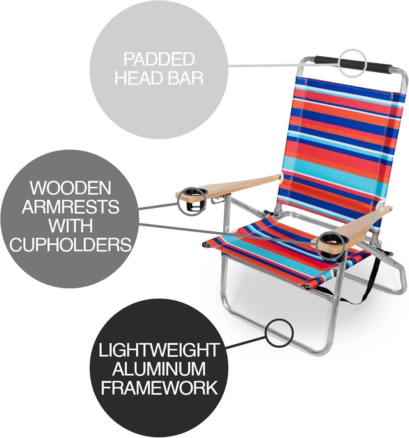 Garden Elements Colorful Foldable Reclining Aluminum Beach Chairs with Cupholders and Carrying Strap, Multicolor, Pack of 2