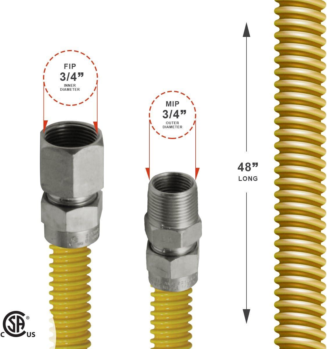 Gas Connector 48 inch Yellow Coated Stainless Steel, 1” OD Flexible Hose for Tankless Water Heater, with 3/4” FIP x MIP Steel Fittings, 48” Appliance Supply Line