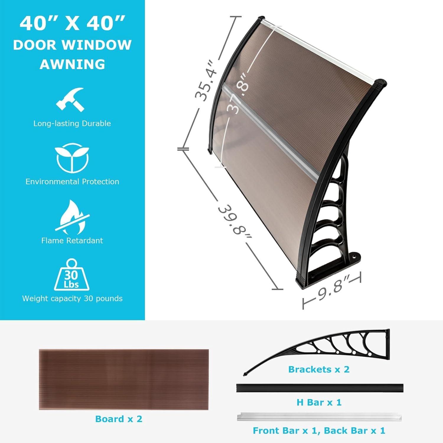 QuellQuest Window Awning Door Canopy, 40" x 40" Window Awning Overhead Door Modern Polycarbonate Cover Outdoor Front Door Patio Canopy UV Rain Snow Sunlight Protection Hollow Sheet/Brown