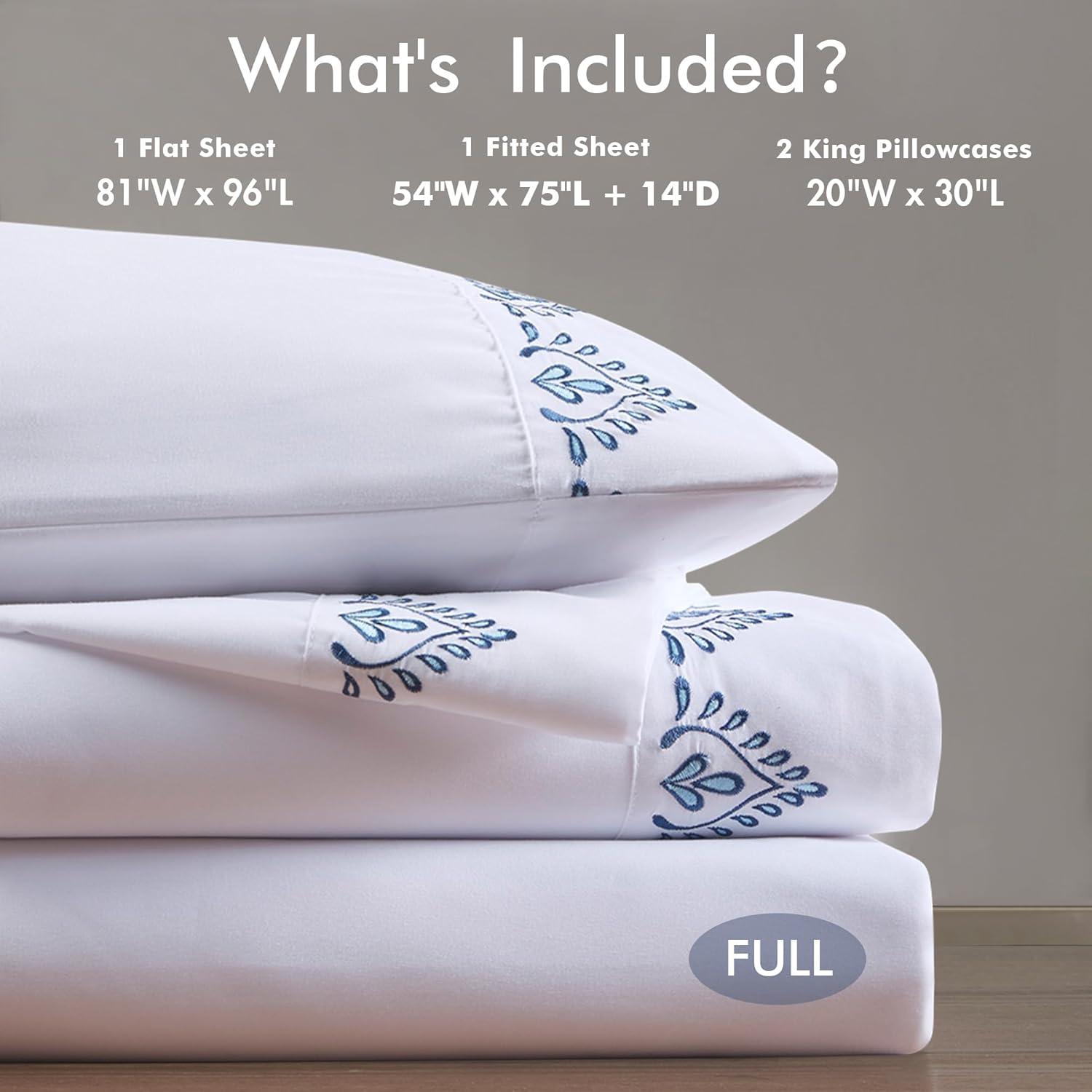 Madison Park Full Blue Blossom Embroidered Microfiber Sheet Set