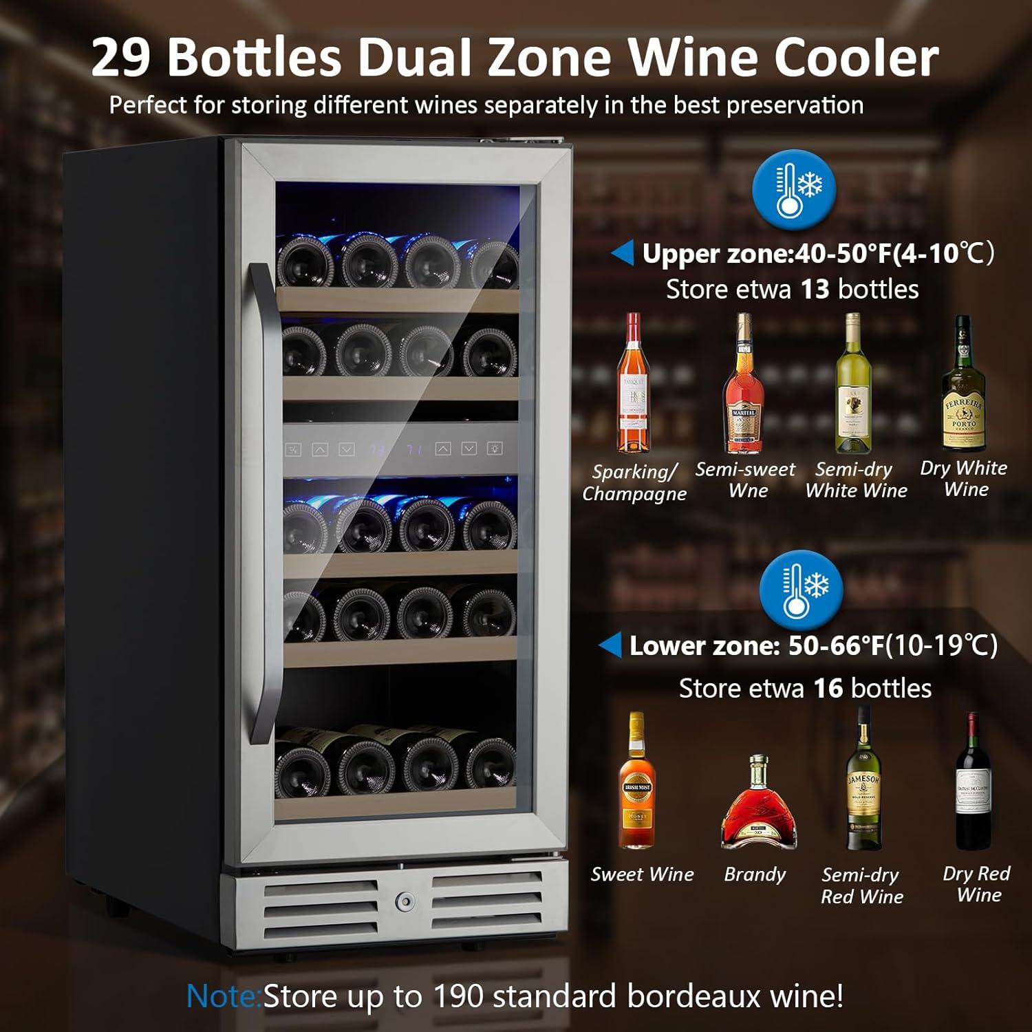 15 Inch Wine Cooler Under Counter, 29 Bottle Dual Zone Wine Fridge Wine Refrigerator with Stainless Steel Digital Temperature Control, Temperature Memory, Built-in or Freestanding Wine Cellar