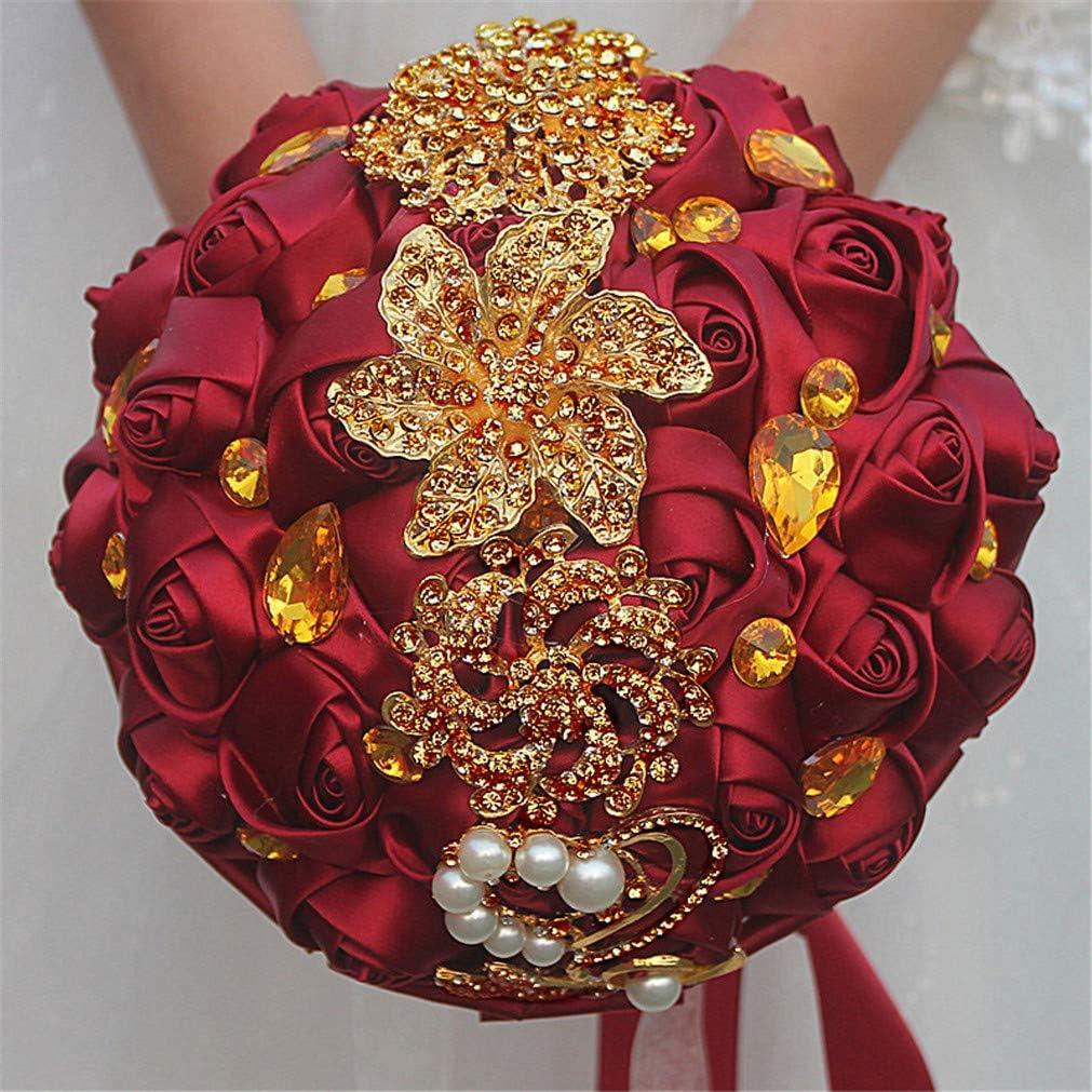 Customization Satin Rose Wedding Bouquet Gold Brooch Crystal Rhinestone Bride Bouquet Wedding Flowers, Burgundy