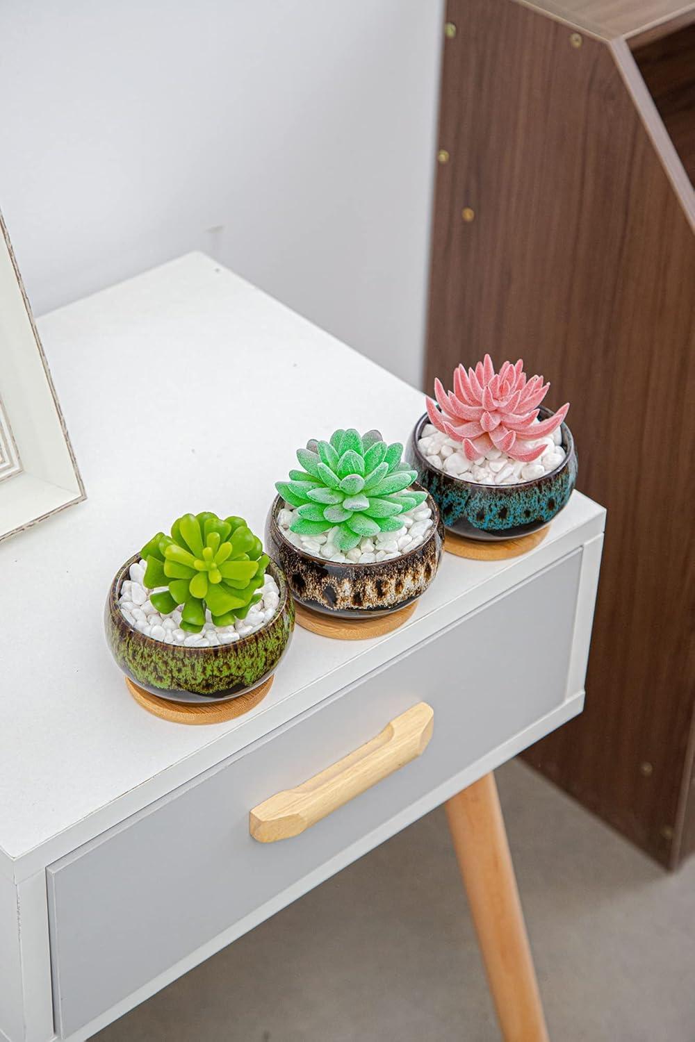 Colorful Ceramic Succulent Planters with Drainage and Saucers, Set of 5