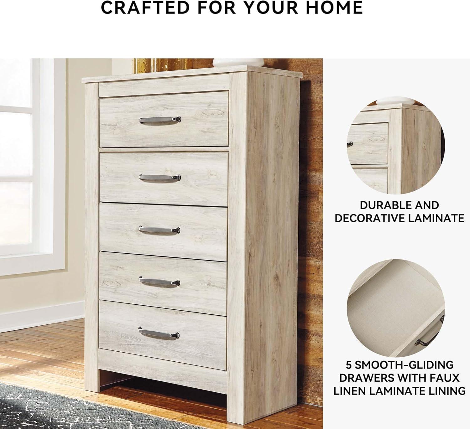 Bellaby 5 Drawer Chest White - Signature Design by Ashley: Farmhouse Style, Brushed Nickel-Tone Handles
