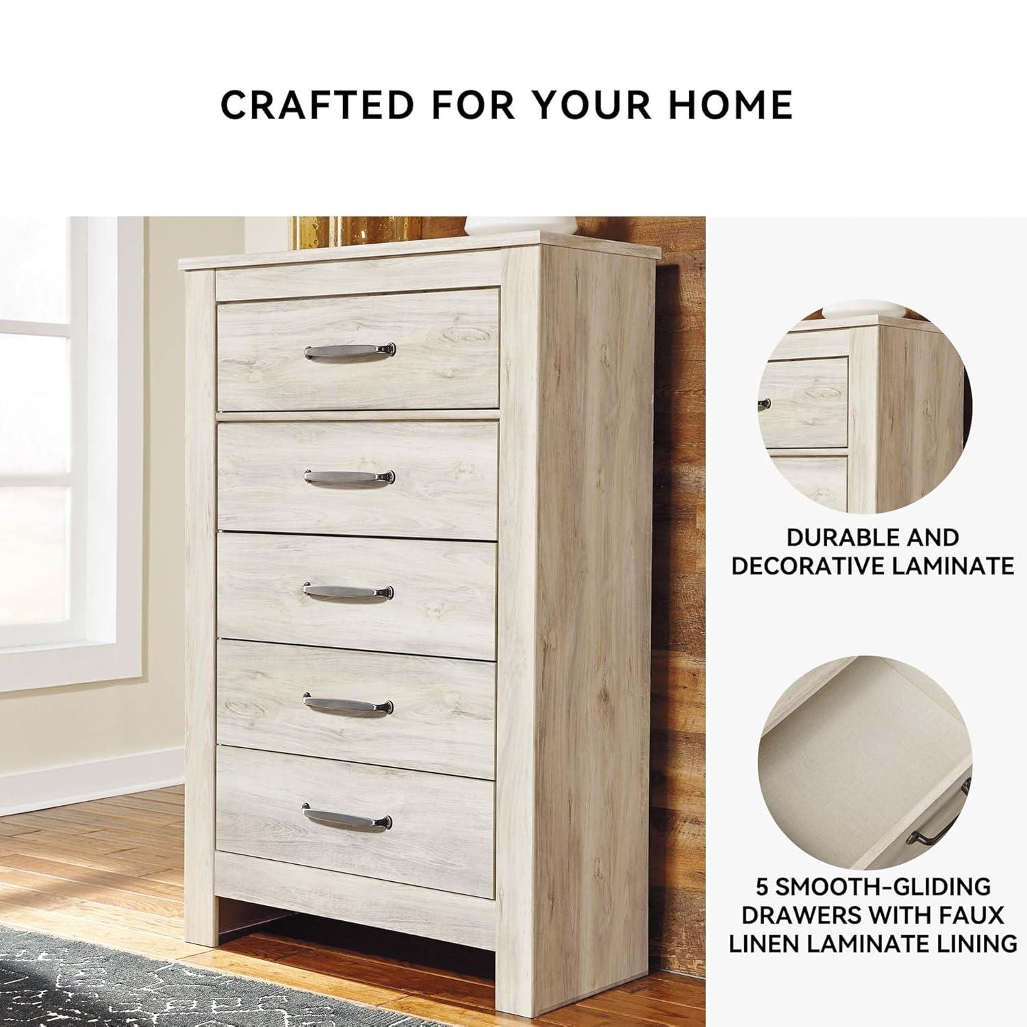 Bellaby 5 Drawer Chest White - Signature Design by Ashley: Farmhouse Style, Brushed Nickel-Tone Handles
