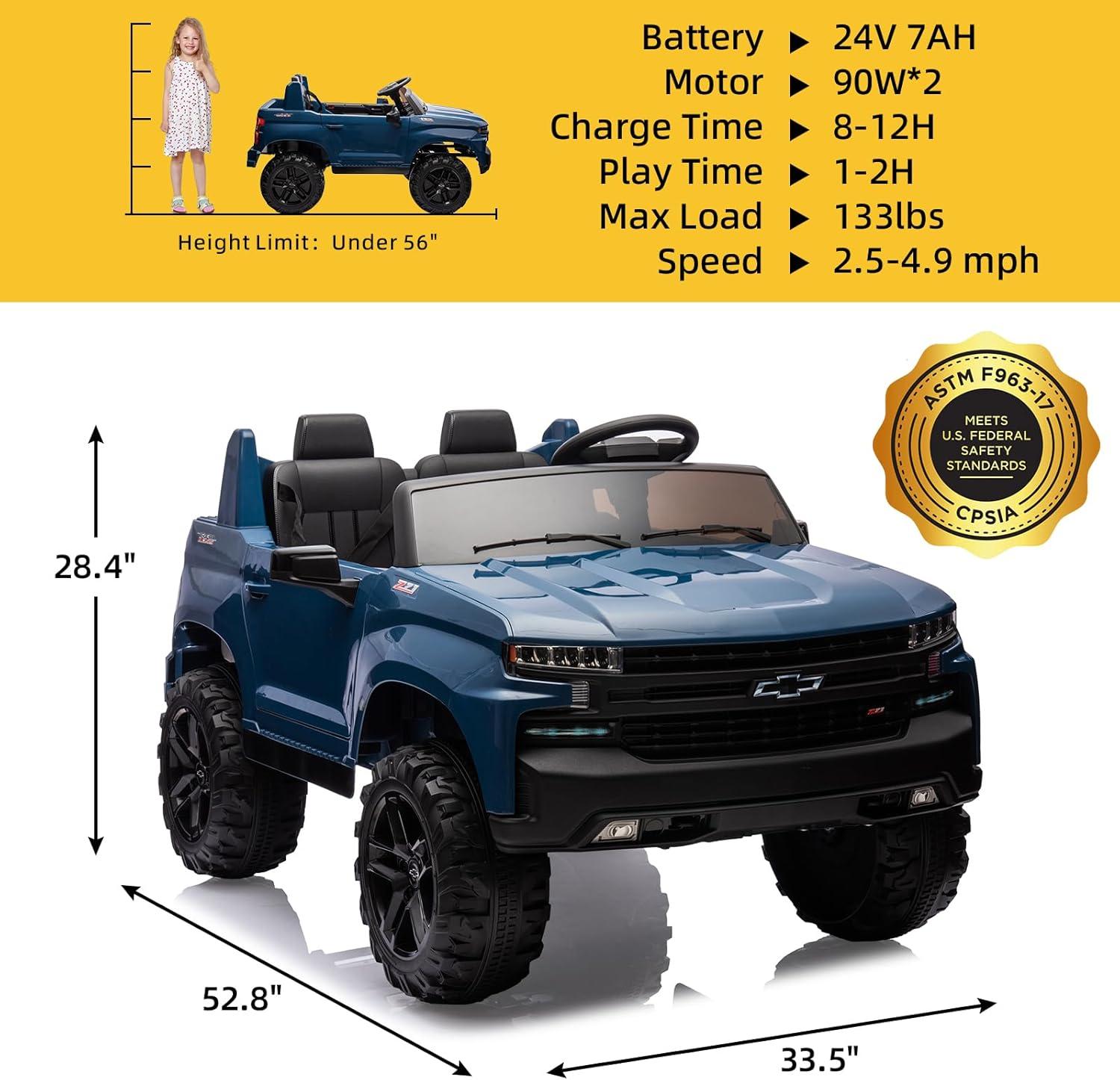 Chevrolet Silverado Autos Ride on con Motor de 24 V para Niños, Juguetes Ride on Extra Grandes de 2 Asientos con Control Remoto, Luz LED, Reproductor de MP3, Vehículos Eléctricos Camión Ride on para Niños y Niñas, Regalos, Azul