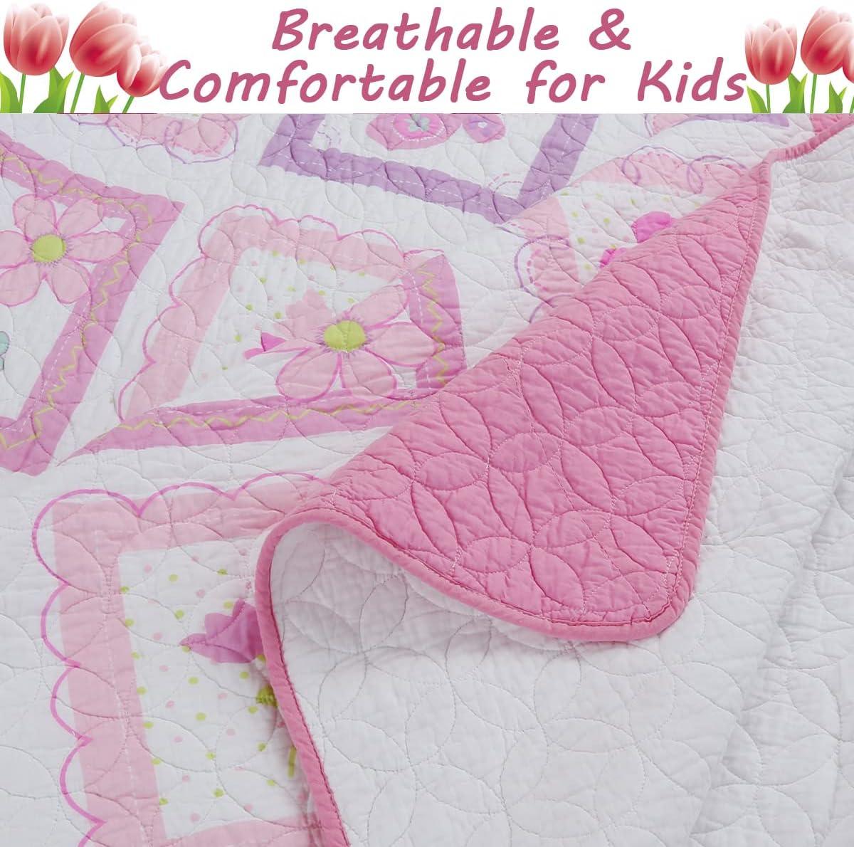 Pink and White Cotton Butterfly Floral Twin Quilt Set