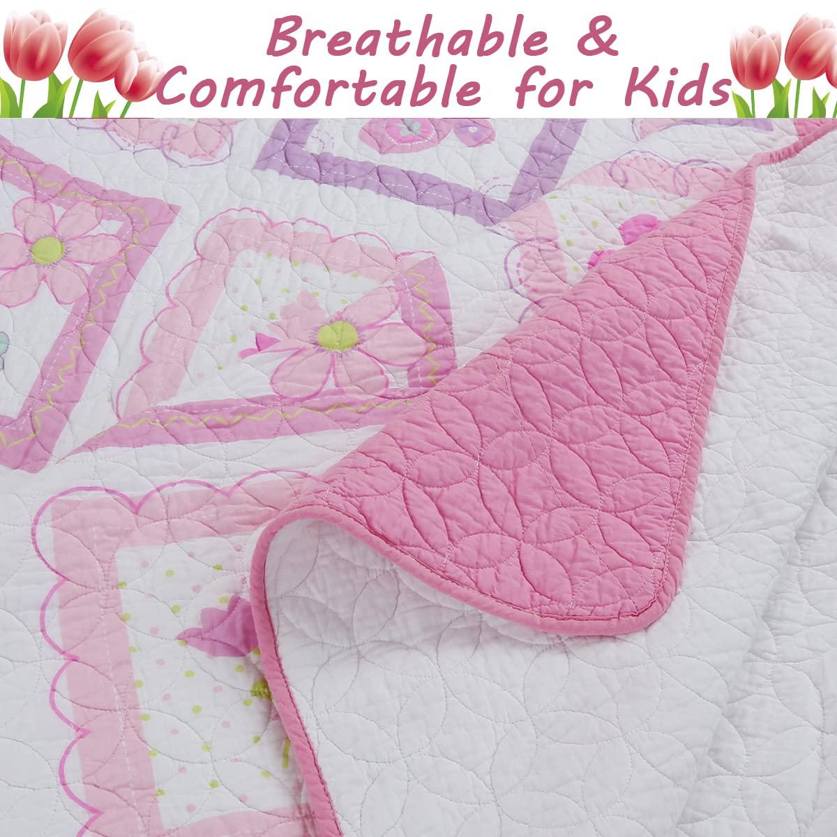 Pink and White Cotton Butterfly Floral Twin Quilt Set