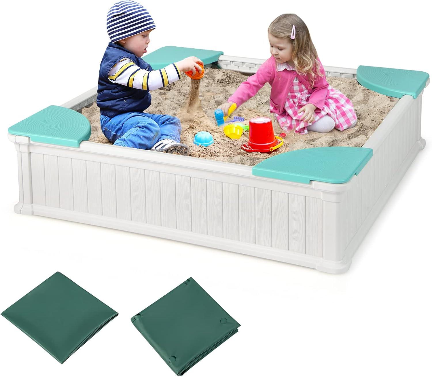 White Plastic Kids Outdoor Sandbox with Seats and Cover