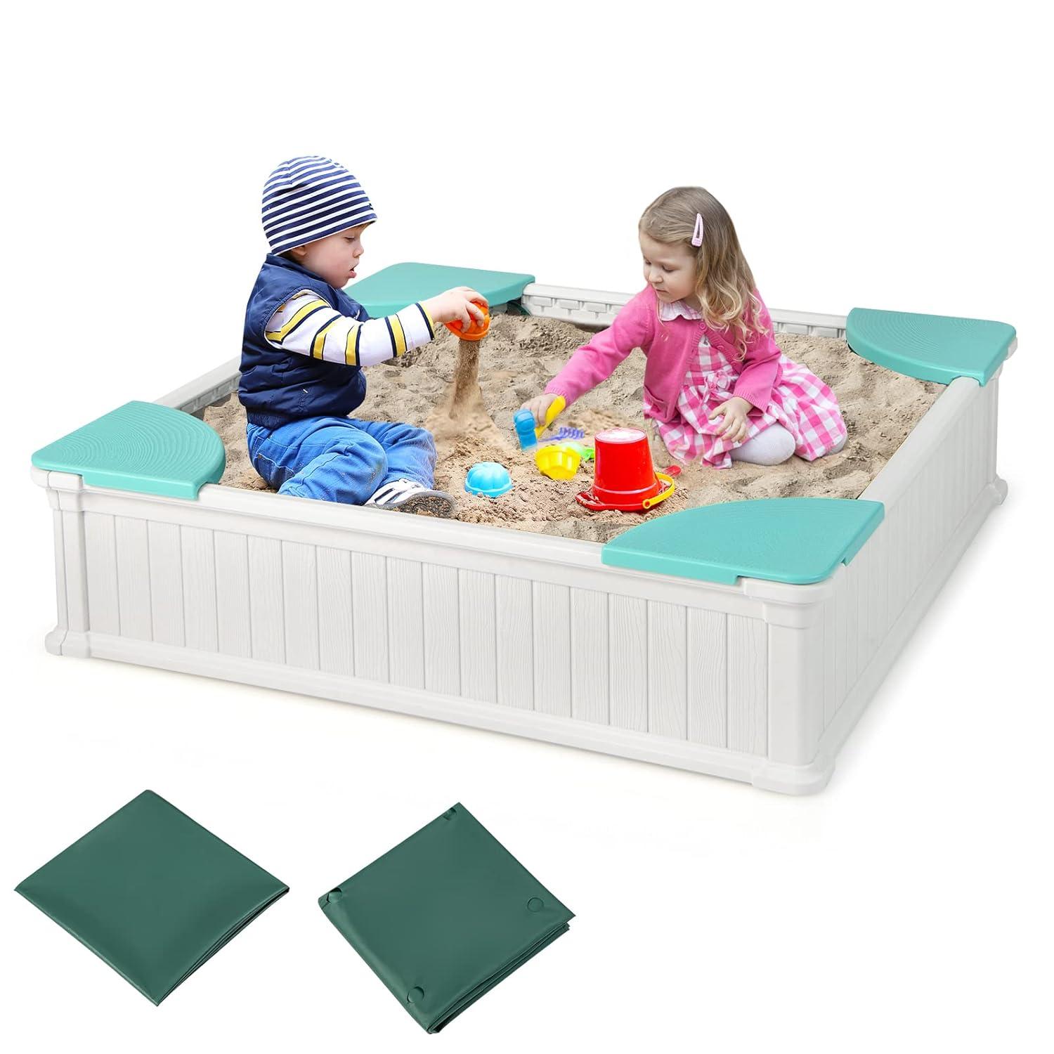Spaco Kids Outdoor Sandbox with Oxford Cover and 4 Corner Seats, Backyard Sandbox, Kids Sand Activity Sensory Play Pit, Toddler Summer Outdoor Toys, 1+ Years Old