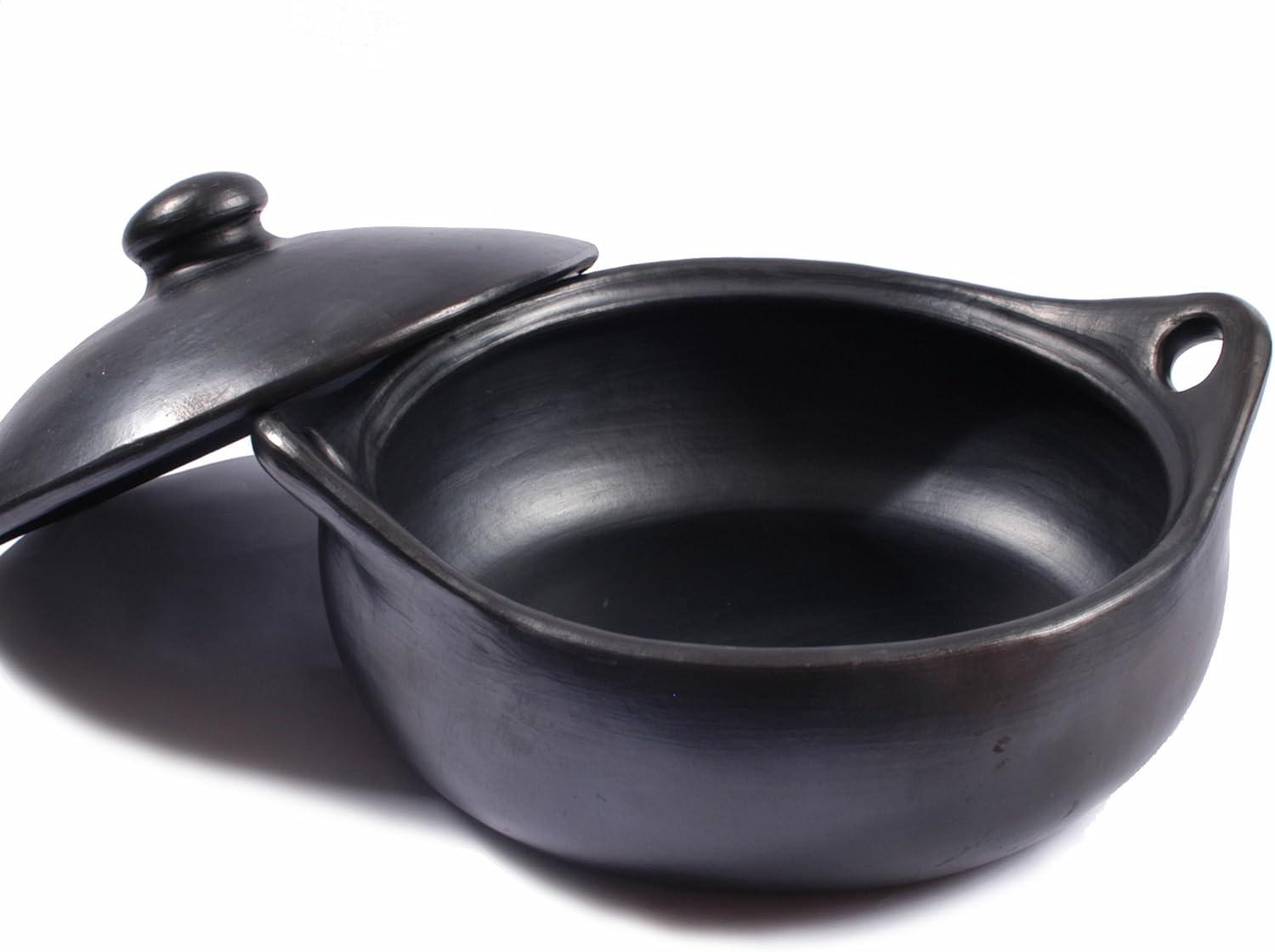 Large Black Clay Flat Casserole with Lid, 5 Quarts