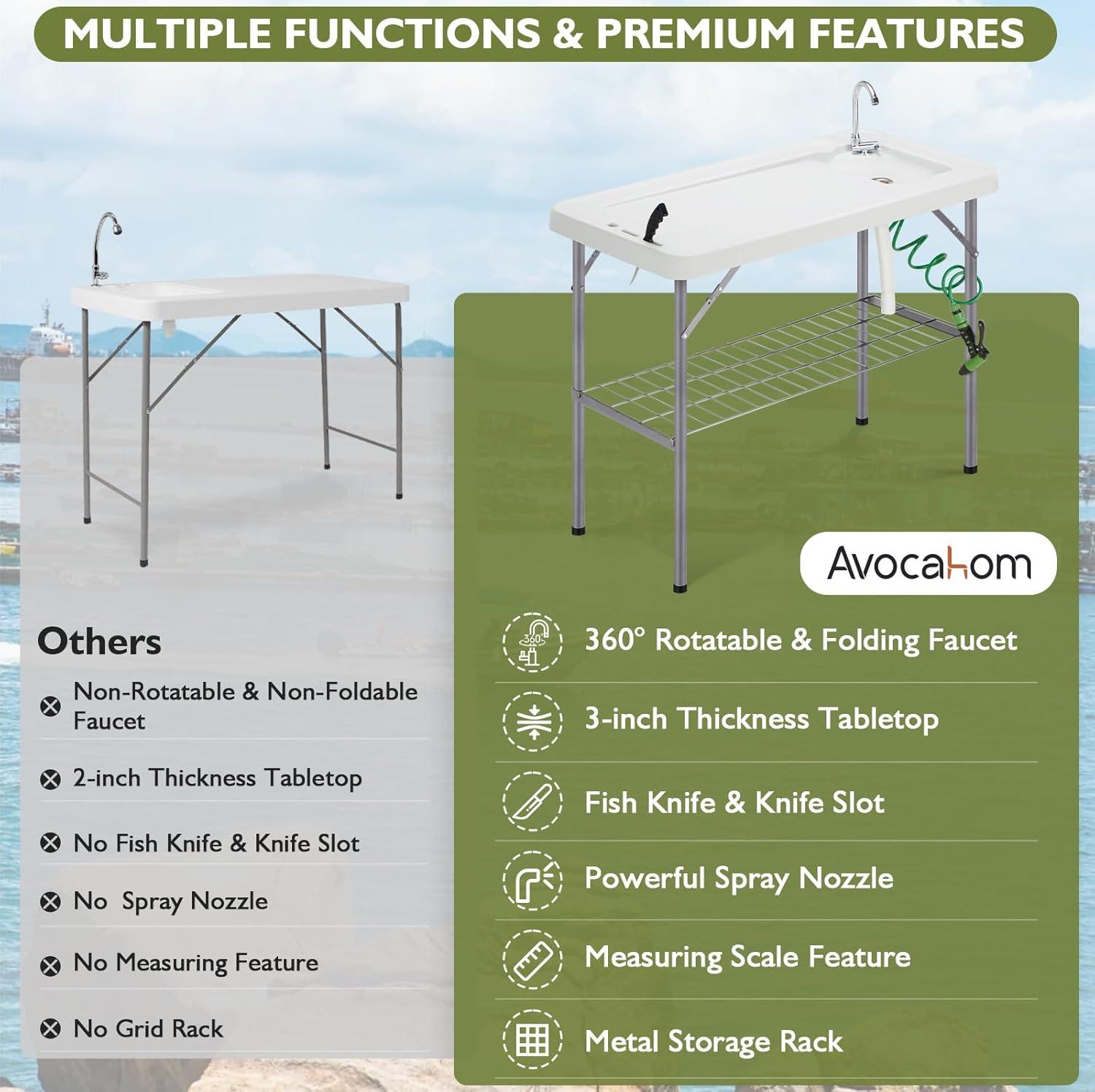Folding Fish Cleaning Table Portable Camping Sink Table with Faucet Drainage Hose & Sprayer Outdoor Fish Fillet Cleaning Station with Grid Rack & Knife Groove for Picnic Fishing, Grey