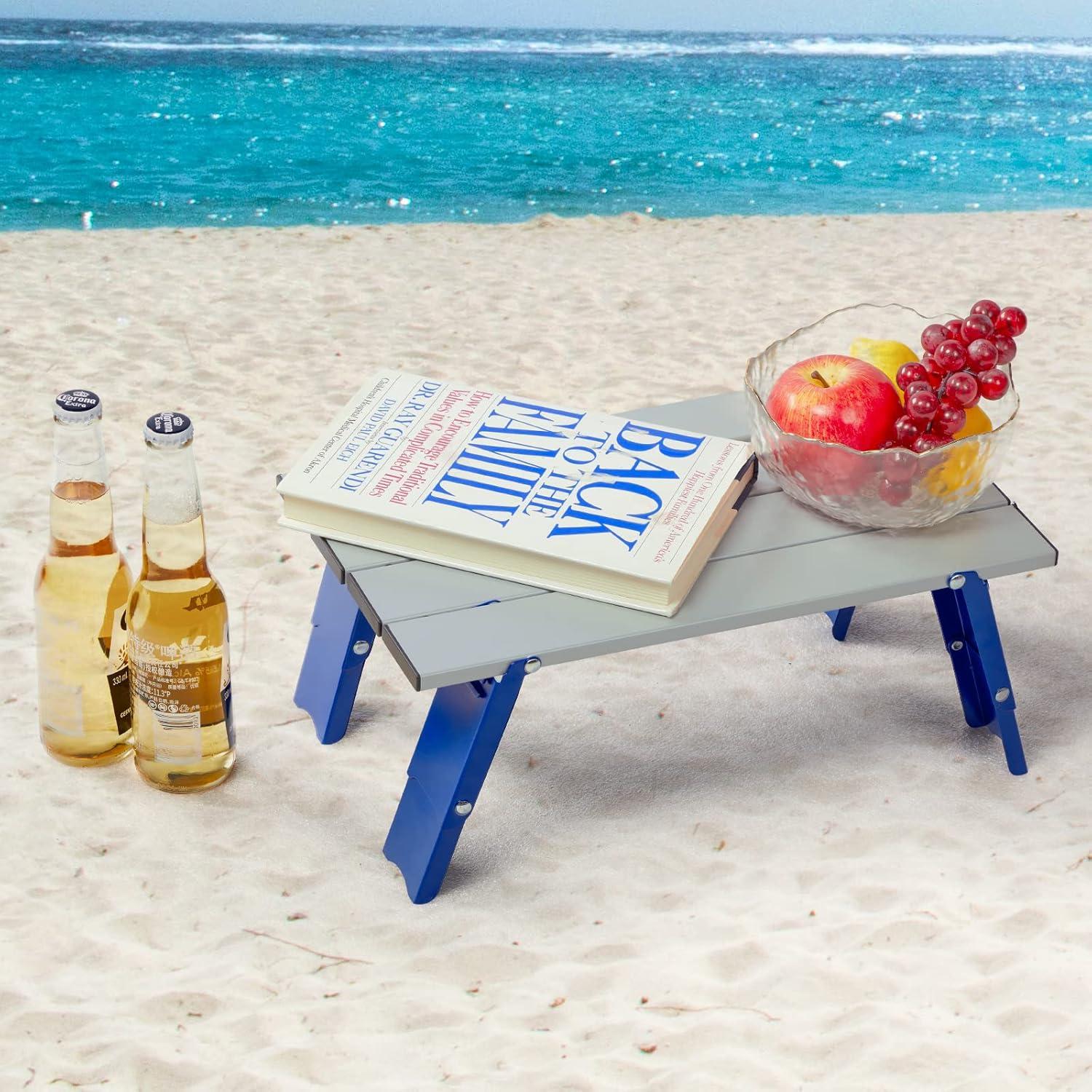 Portable Silver and Blue Aluminum Mini Folding Beach Table