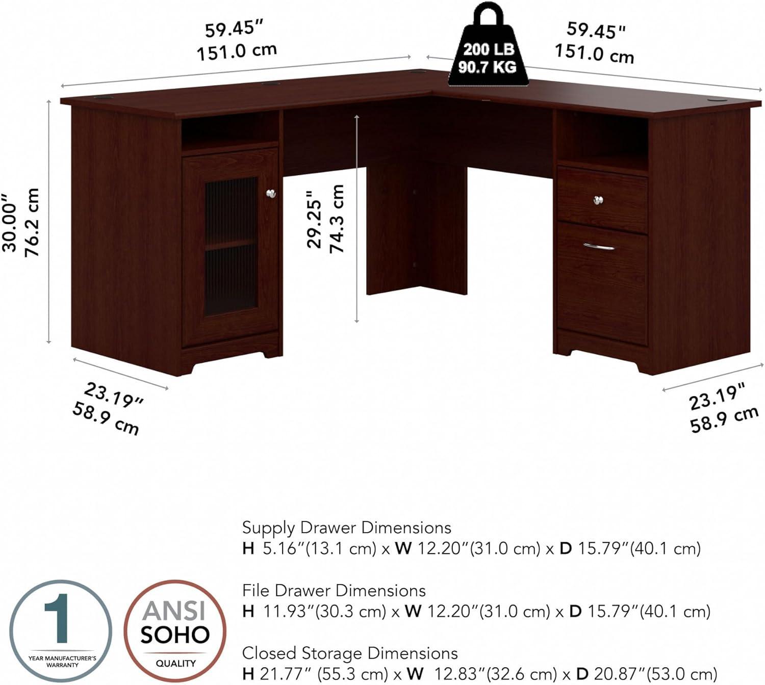 Bush Furniture Cabot 60" L Desk and Hutch with Storage, Harvest Cherry