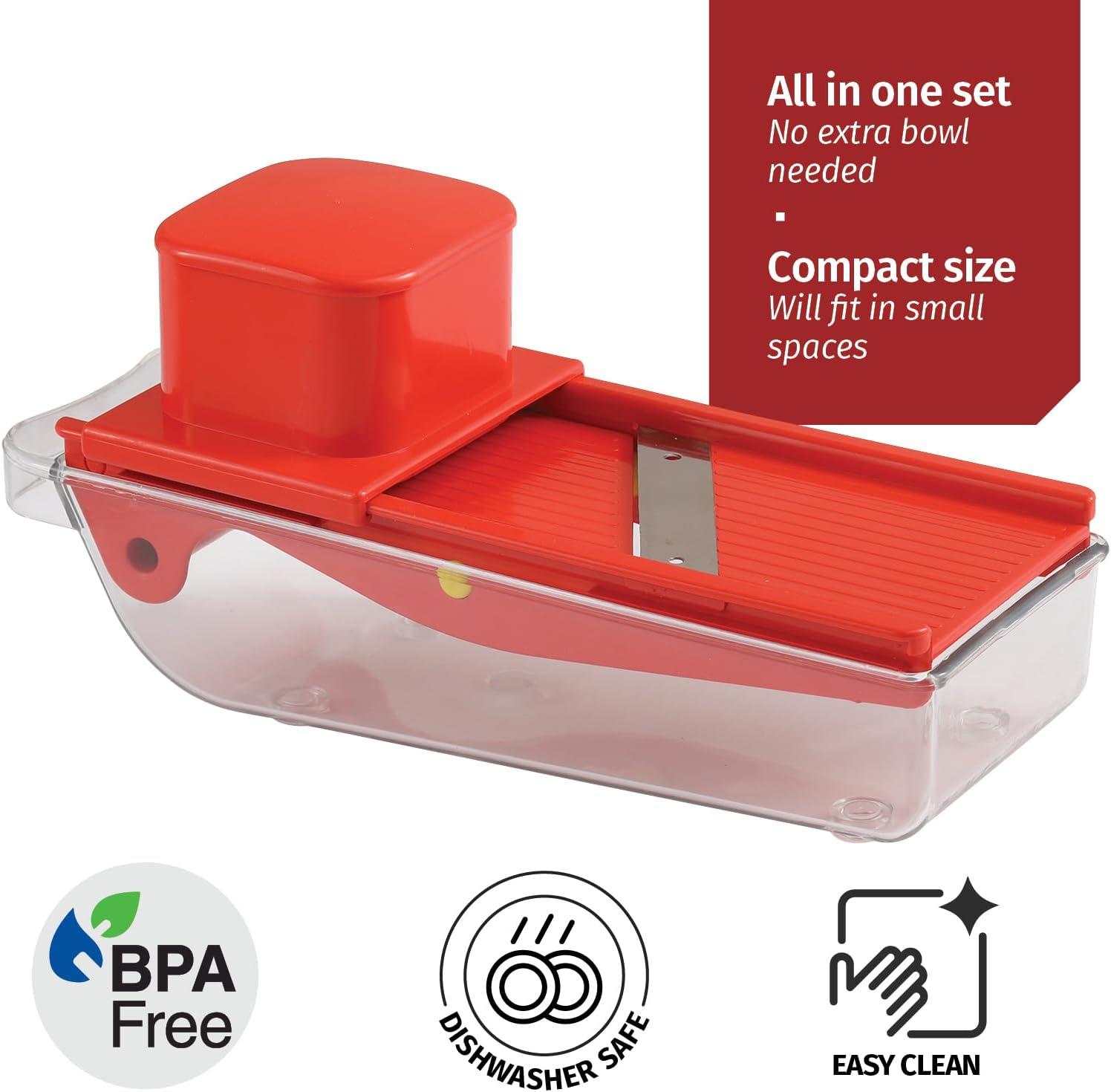 Small Mandoline Slicer – Portable Vegetable Slicer for Kitchen, Travel, On The Go – Adjustable thickness mandoline Slicer Food Cutter with Container All-in-1 Compact Vegetable Chopper– with Bowl Red