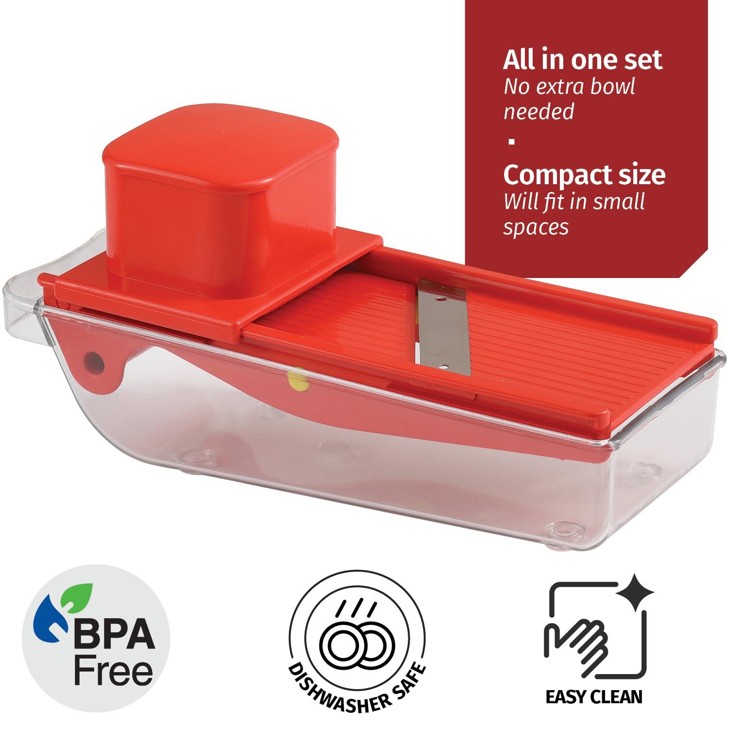 Small Mandoline Slicer – Portable Vegetable Slicer for Kitchen, Travel, On The Go – Adjustable thickness mandoline Slicer Food Cutter with Container All-in-1 Compact Vegetable Chopper– with Bowl Red