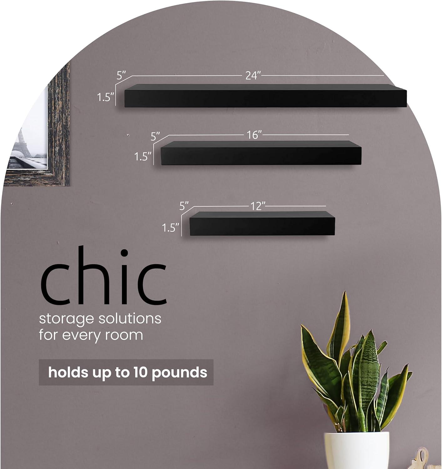 Kiera Grace (Set of 3) 12",16" and 24" Floating Shelves Black: MDF Wall Mount, Traditional Decor, Includes Hardware
