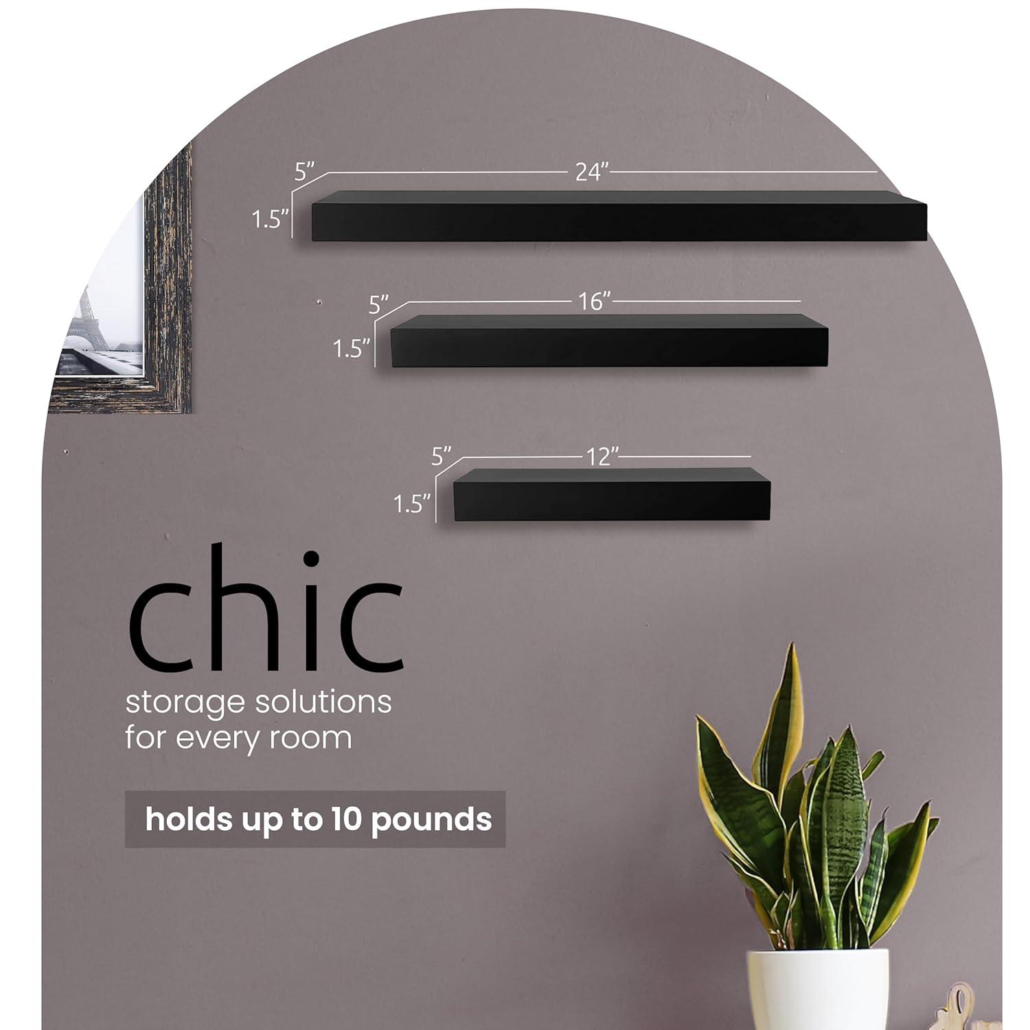 Kiera Grace (Set of 3) 12",16" and 24" Floating Shelves Black: MDF Wall Mount, Traditional Decor, Includes Hardware
