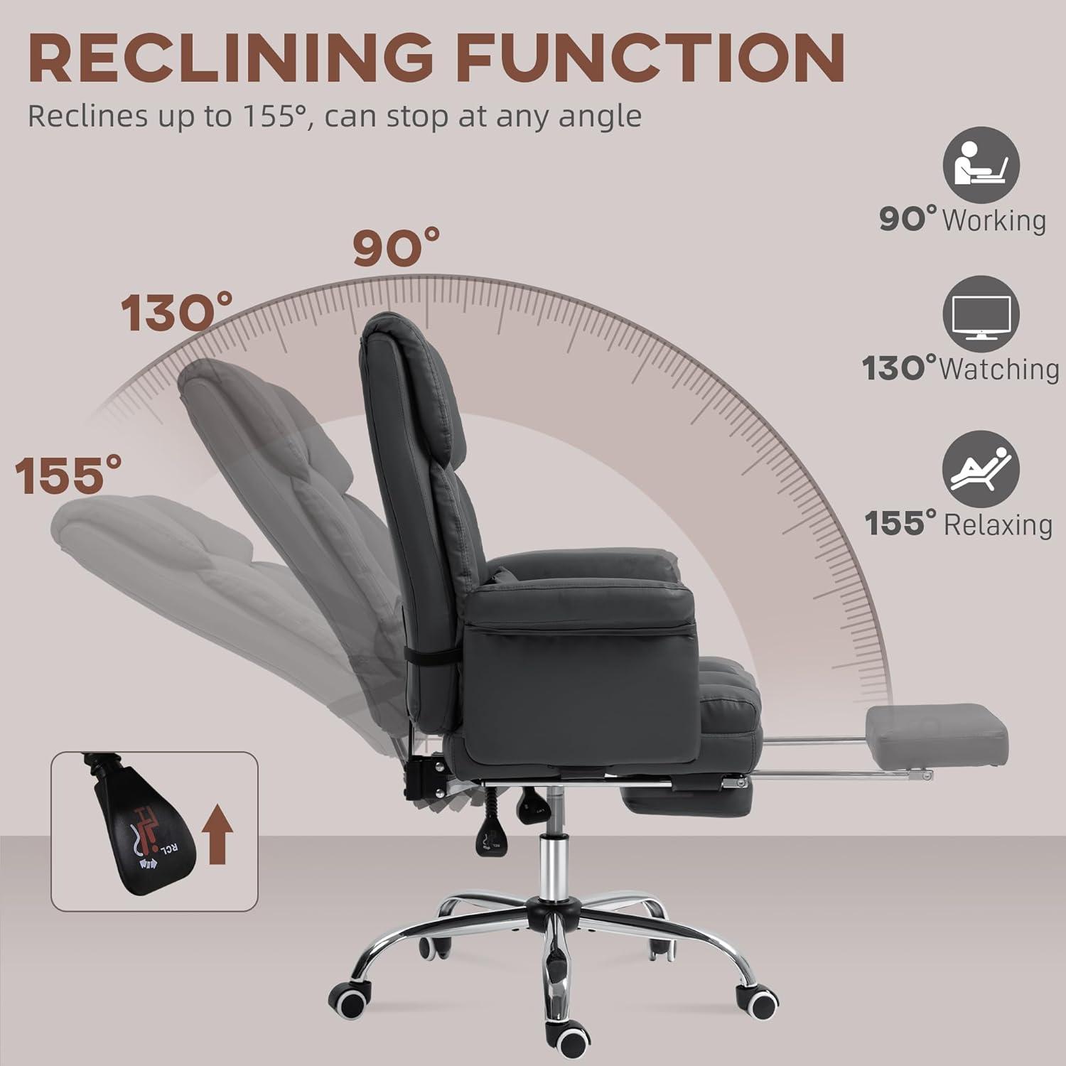 HOMCOM Executive Office Chair with Footrest and Lumbar Support, PU Leather Office Desk Chair, Ergonomic, Reclining and Swivel Chair, Black
