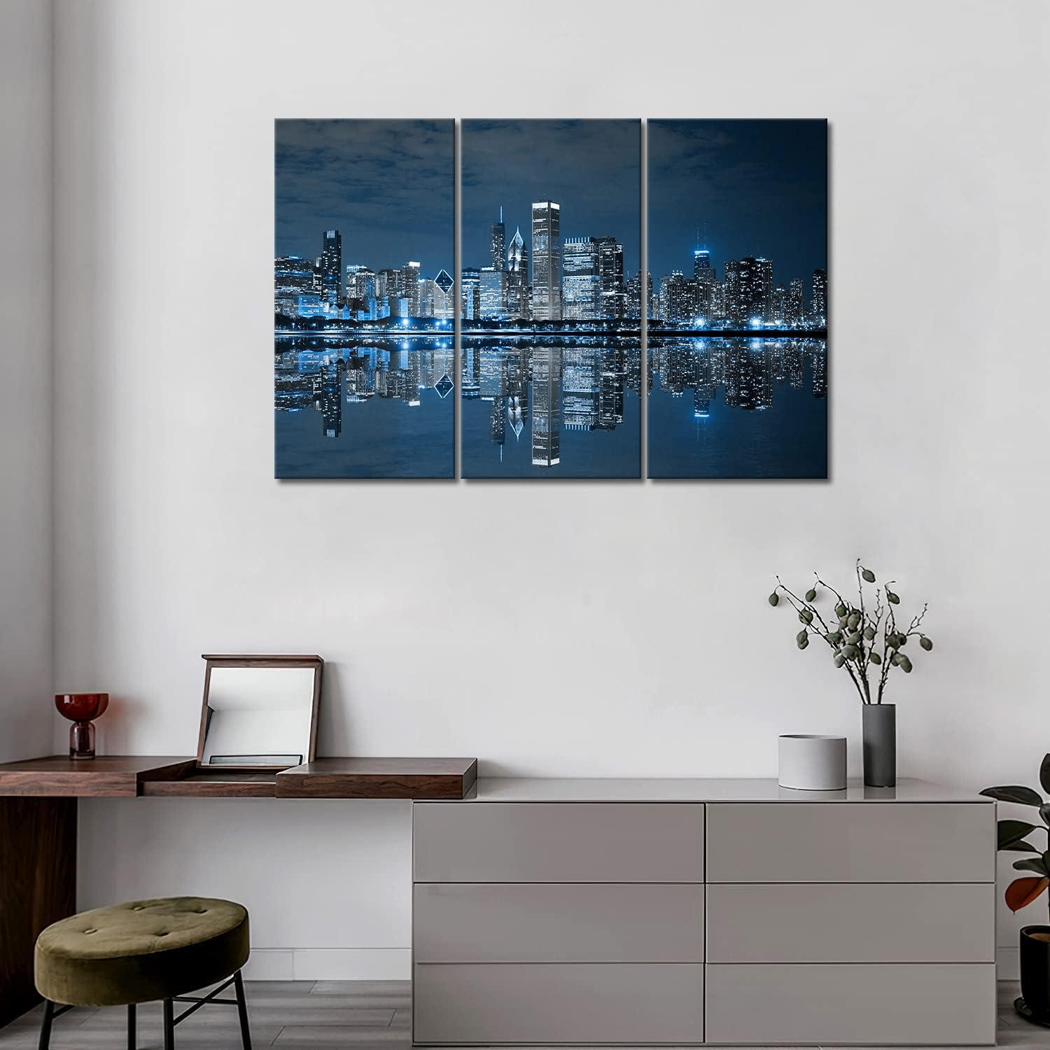 Blue Chicago Buildings Canvas Print Triptych Wall Art