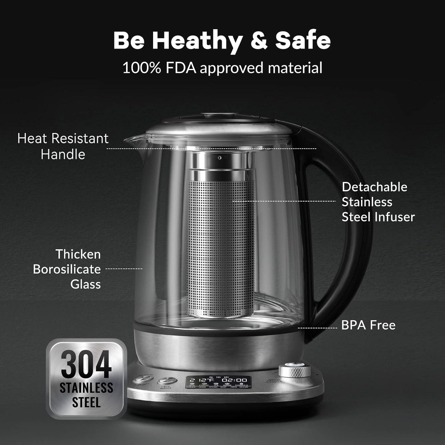 Stainless Steel Borosilicate Glass Electric Tea Kettle with Infuser