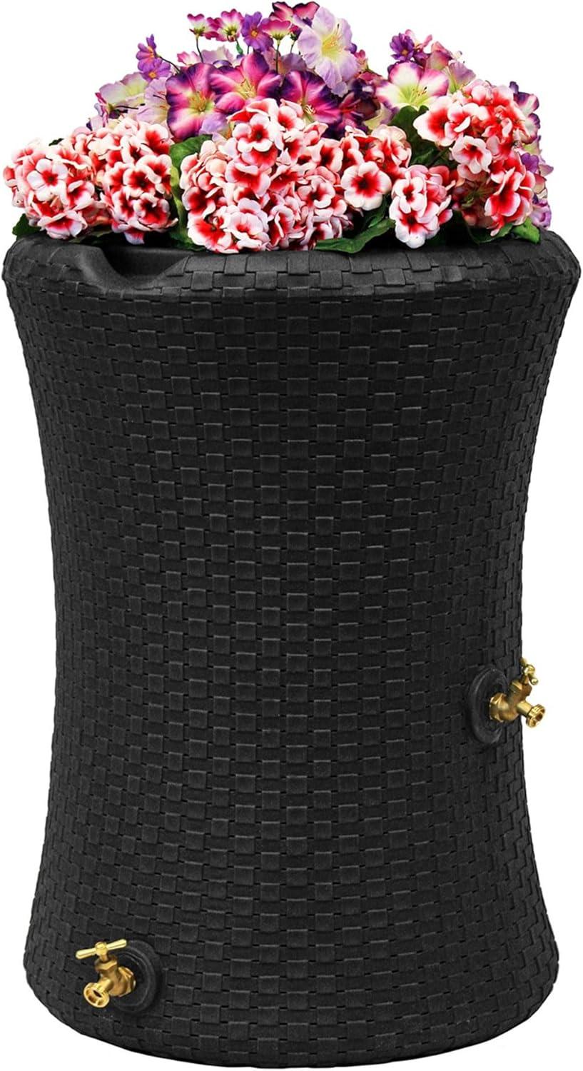 Good Ideas Impressions 50 Gallon Nantucket Outdoor Home Rain Barrel Water Storage Collector with Garden Planter and Brass Spigot, Black (2 Pack)