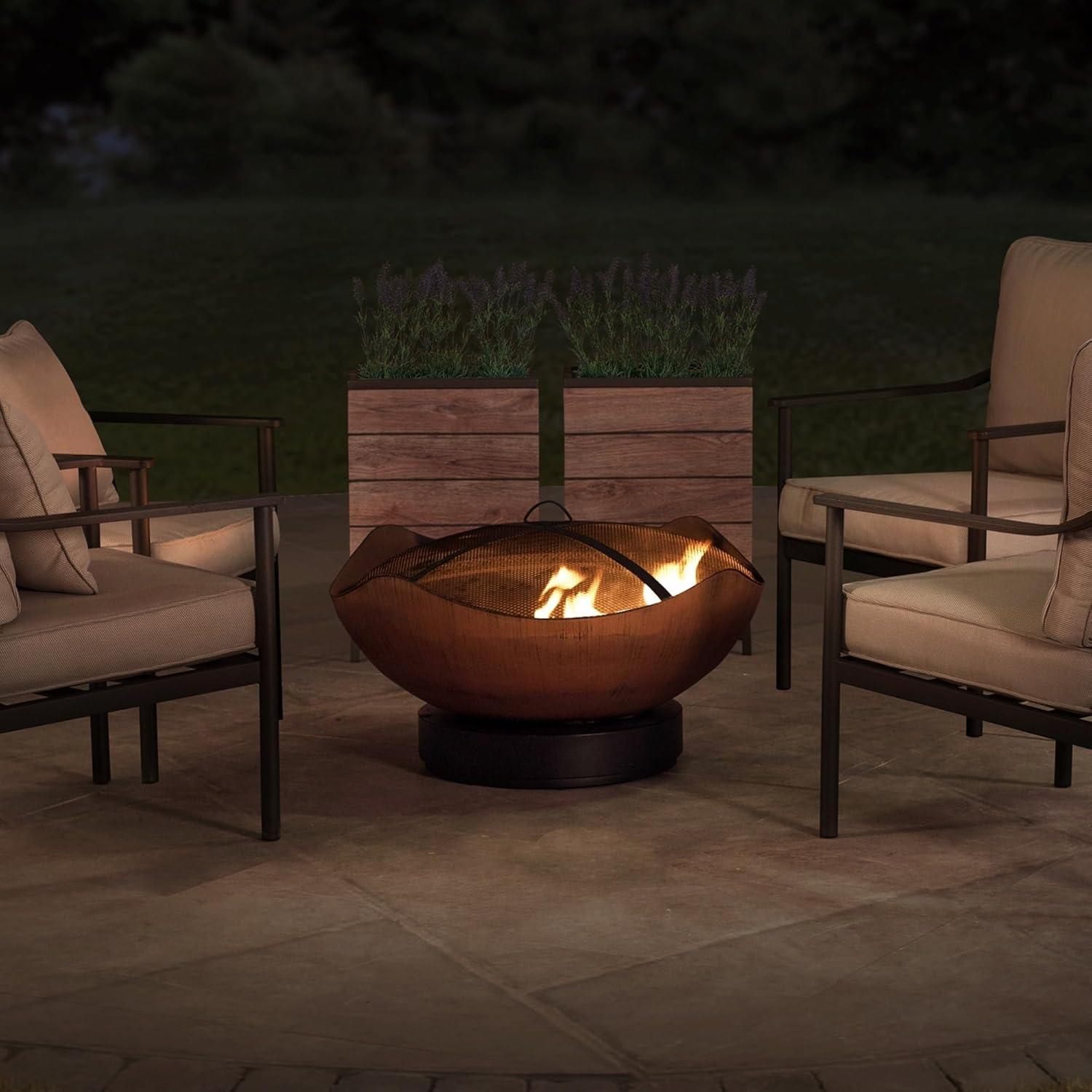 SUNJOY Outdoor Fire Pit 32 Inch Copper Steel Wood Burning Patio Fire Pit with Spark Screen and Fire Poker