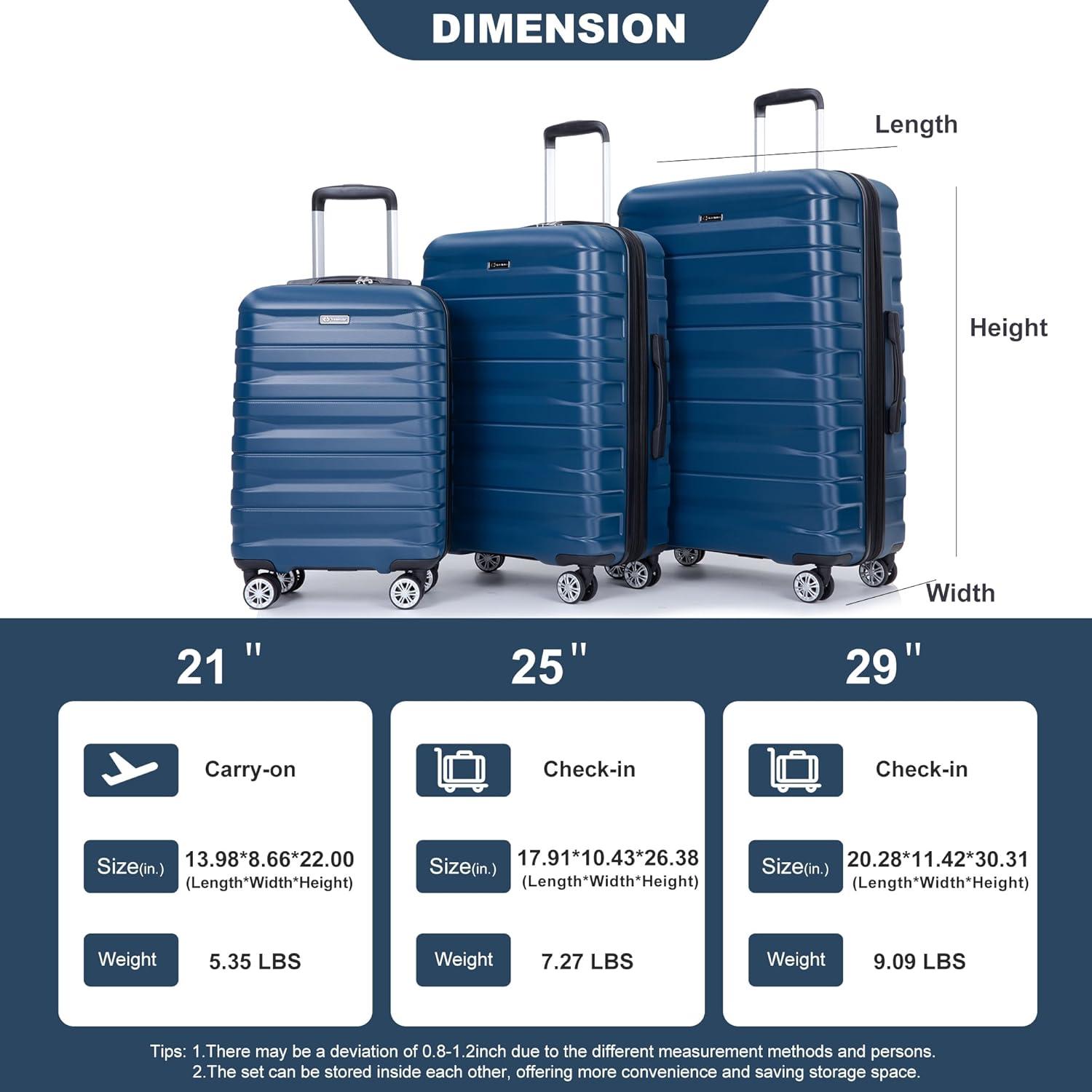 Blue 3-Piece Expandable Hardshell Spinner Luggage Set