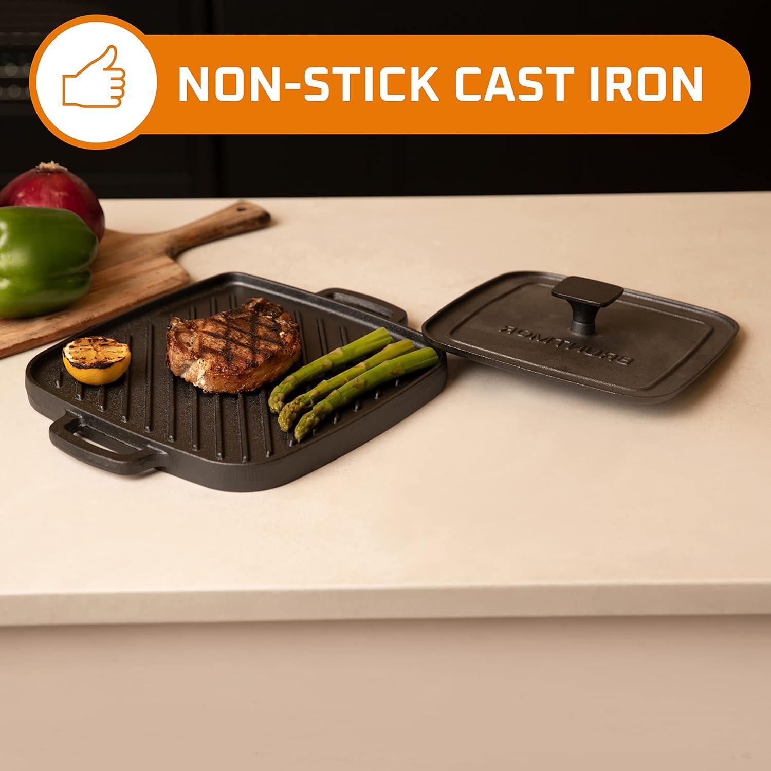 Bruntmor 10X10 2-in-1 Pre-Seasoned Square Cast Iron Reversible Griddle Grill Pan Cookware, Black