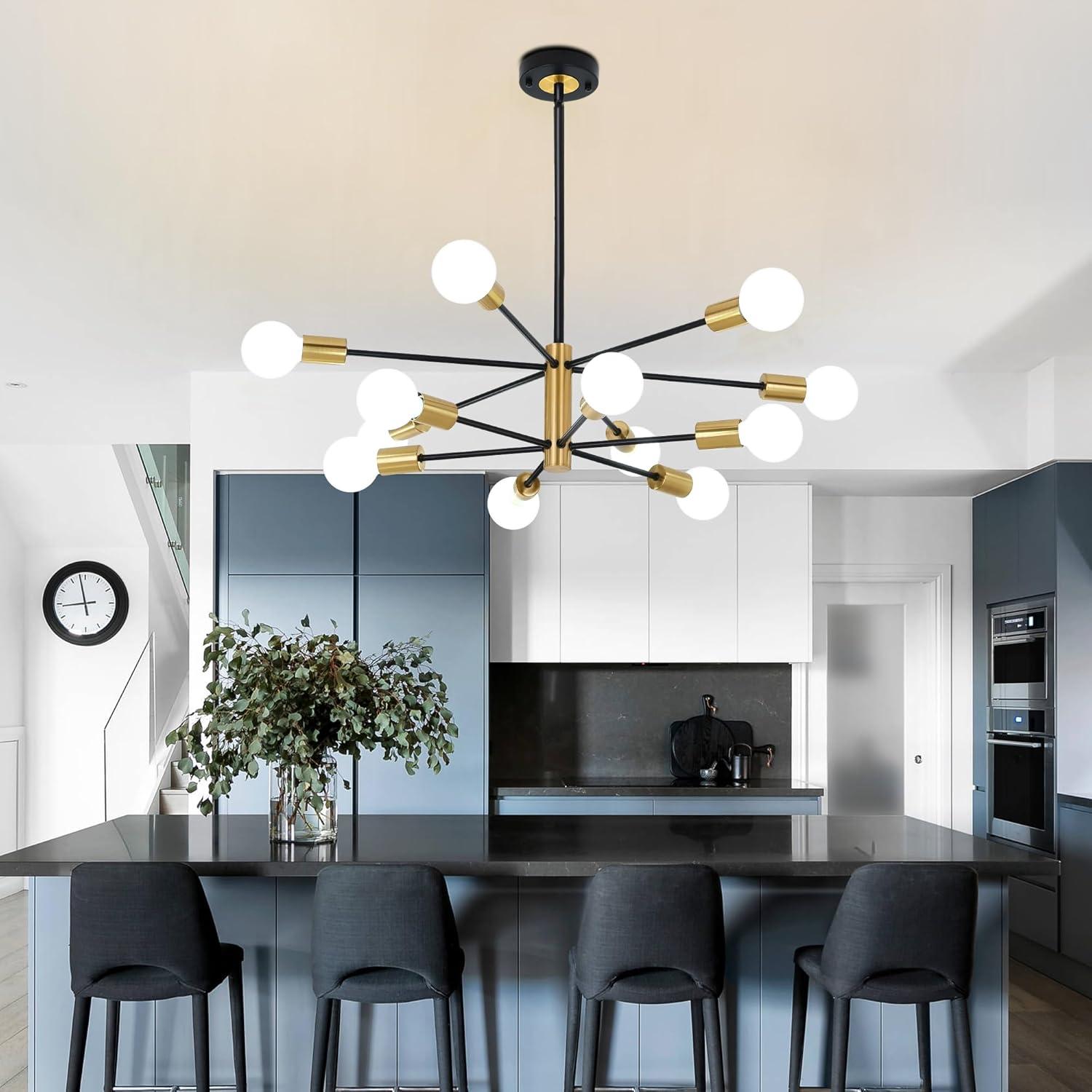 Modern Sputnik Chandelier Ceiling Light Fixture 12-Light E26 Industrial Chandeliers Black Gold Farmhouse Chandelier Height Adjustable Chandeliers for Dining Room, Living Room, Kitchen Island