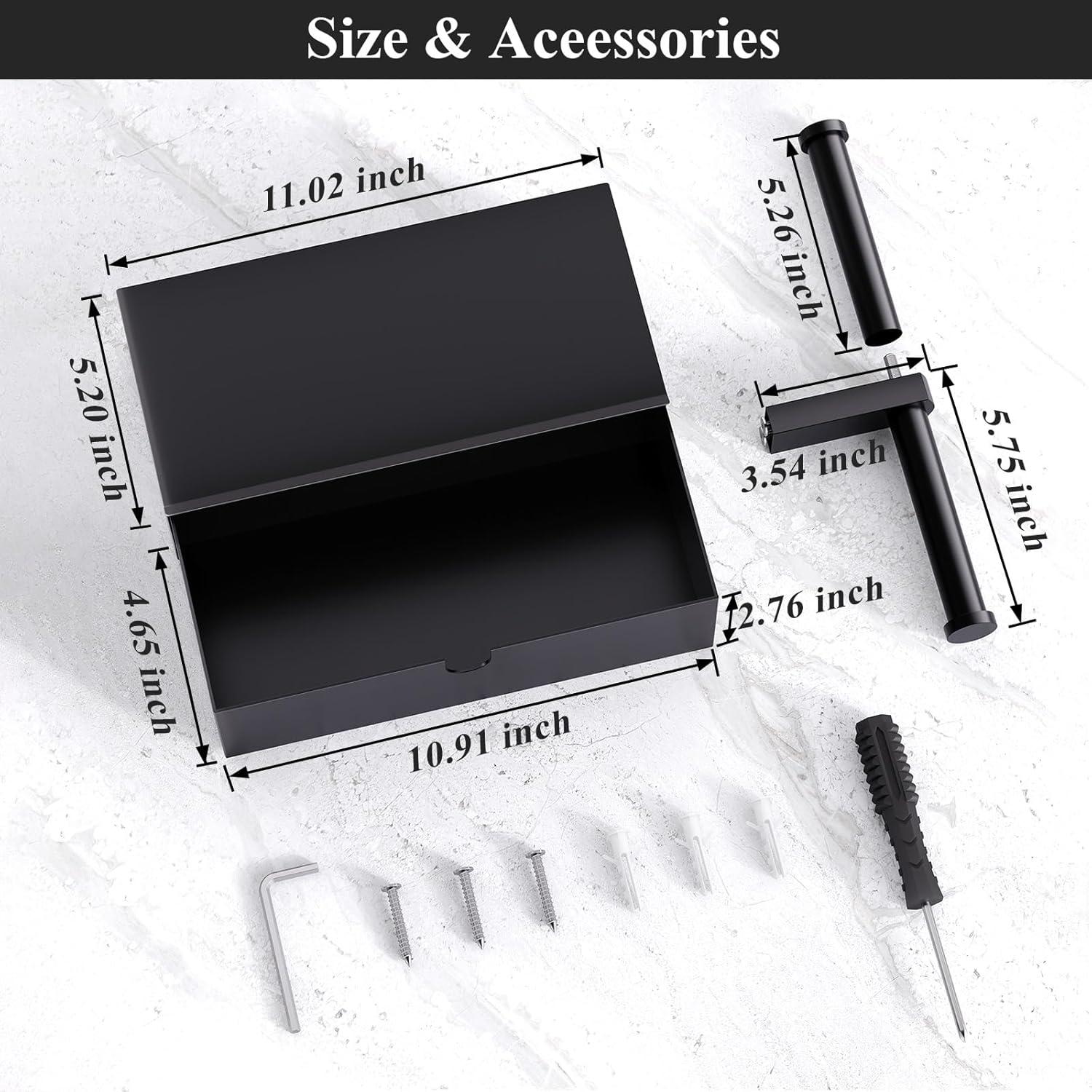 Tindbea Toilet Paper Holder with Storage Double Roll Toilet Paper Holder with Shelf, Tampon Holder for Bathroom Stainless Steel Wall Mounted Wipes Holder Dispenser, Black
