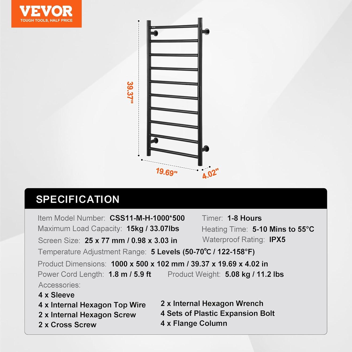 VEVOR 10-Bar Wall-Mounted Heated Towel Warmer Rack, Black, Adjustable Temperature