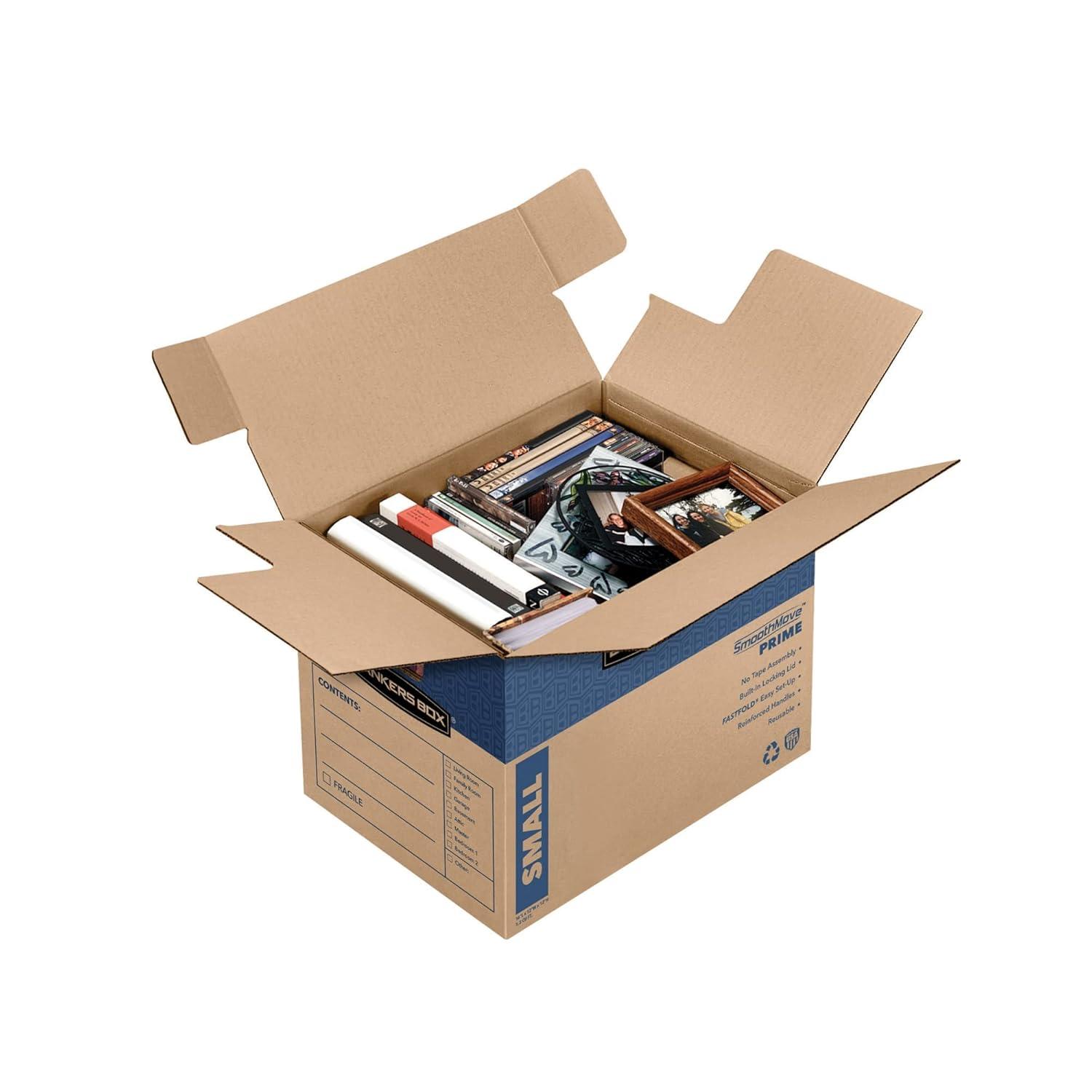 Bankers Box SmoothMove Prime Moving/Storage Boxes, Hinged Lid, Regular Slotted Container, Small, 12" x 16" x 12", Brown/Blue, 10/Carton