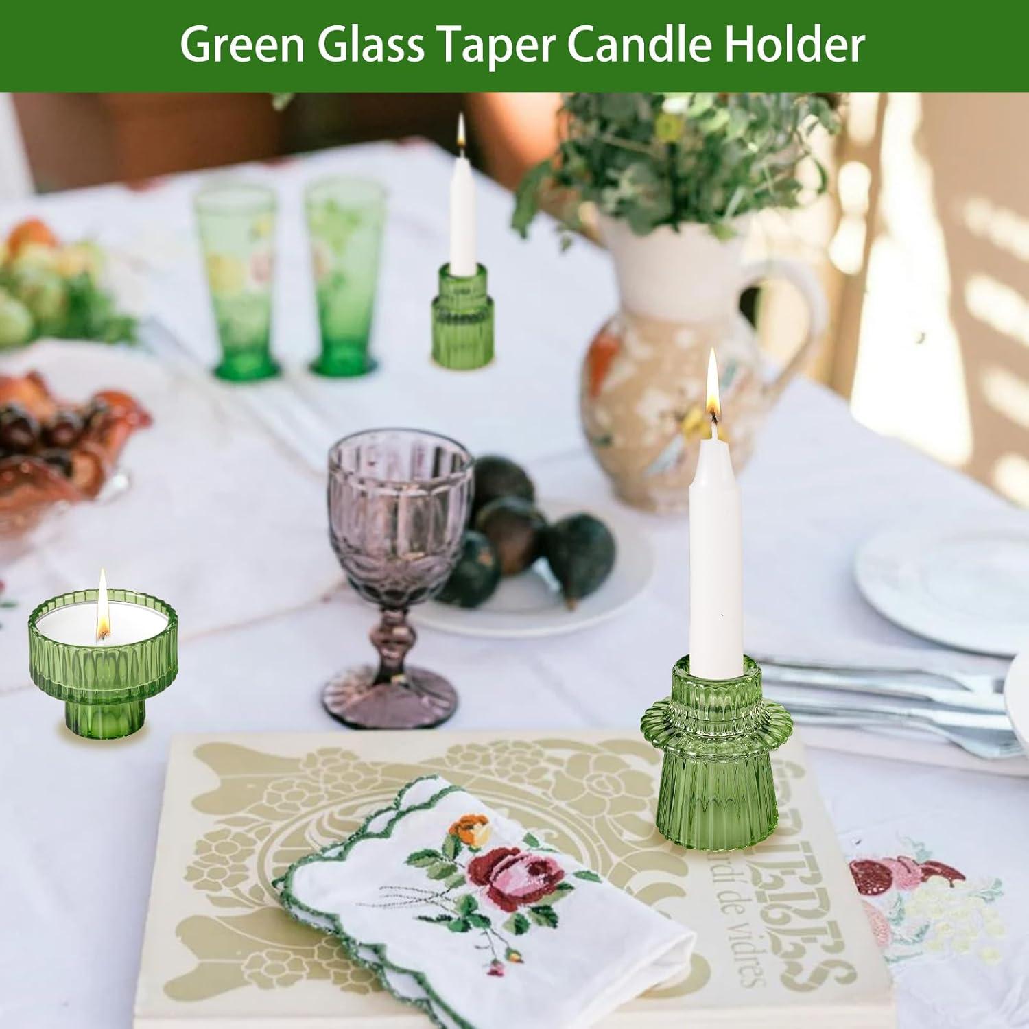 Taper Glass Candlestick Holders Tealight Candle Holders for Table Centerpieces, Wedding Decor and Dinner Party (6 Pcs, Green)