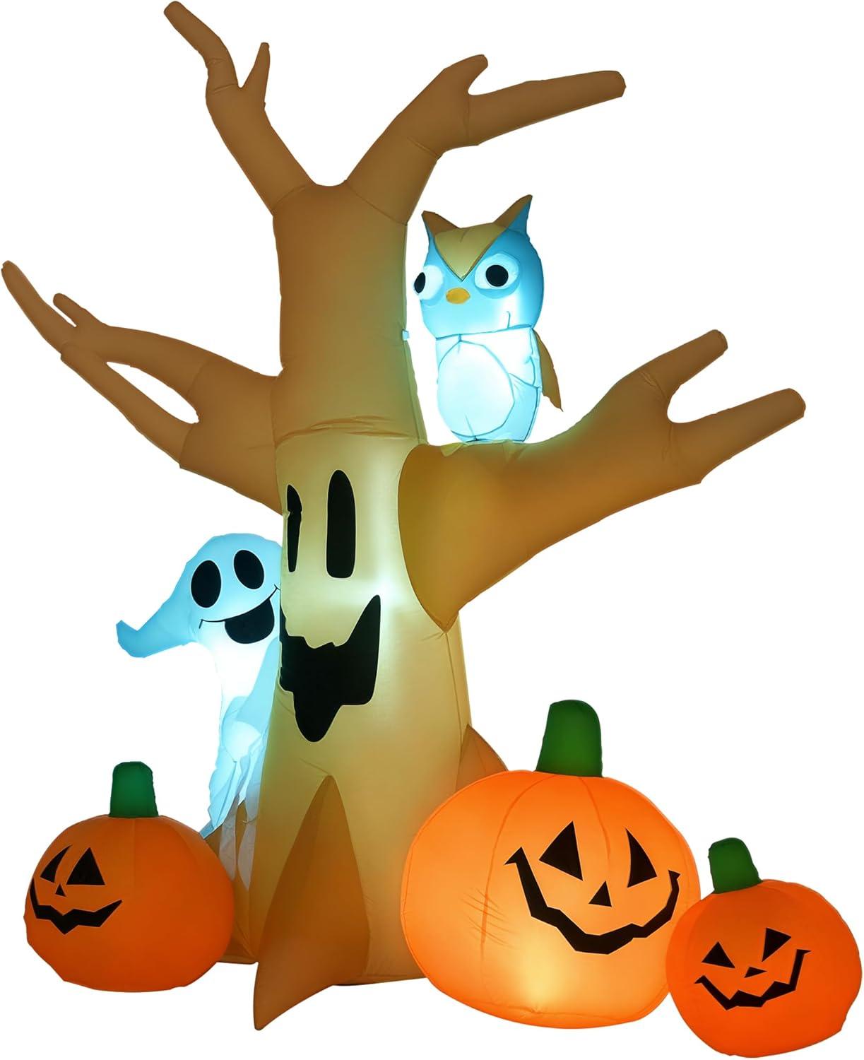 HOMCOM 7.5' Tall Lighted Inflatable Cute Halloween Decoration, Haunted Tree With Owl, Ghost, Pumpkins, Blow Up Outdoor LED Yard Display, Waterproof
