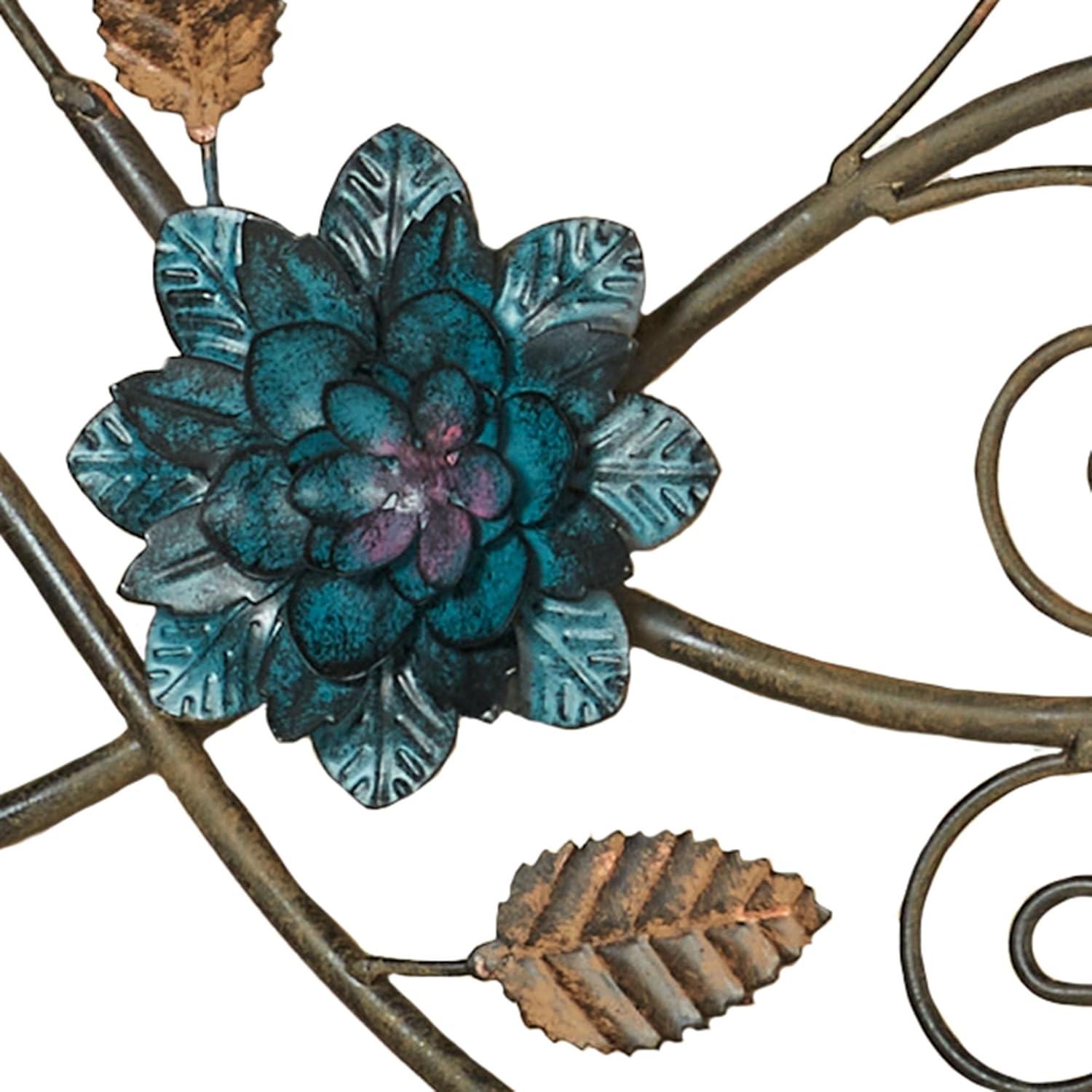 Golden Bronze Metal Wall Art Sculpture with Purple and Green Flowers