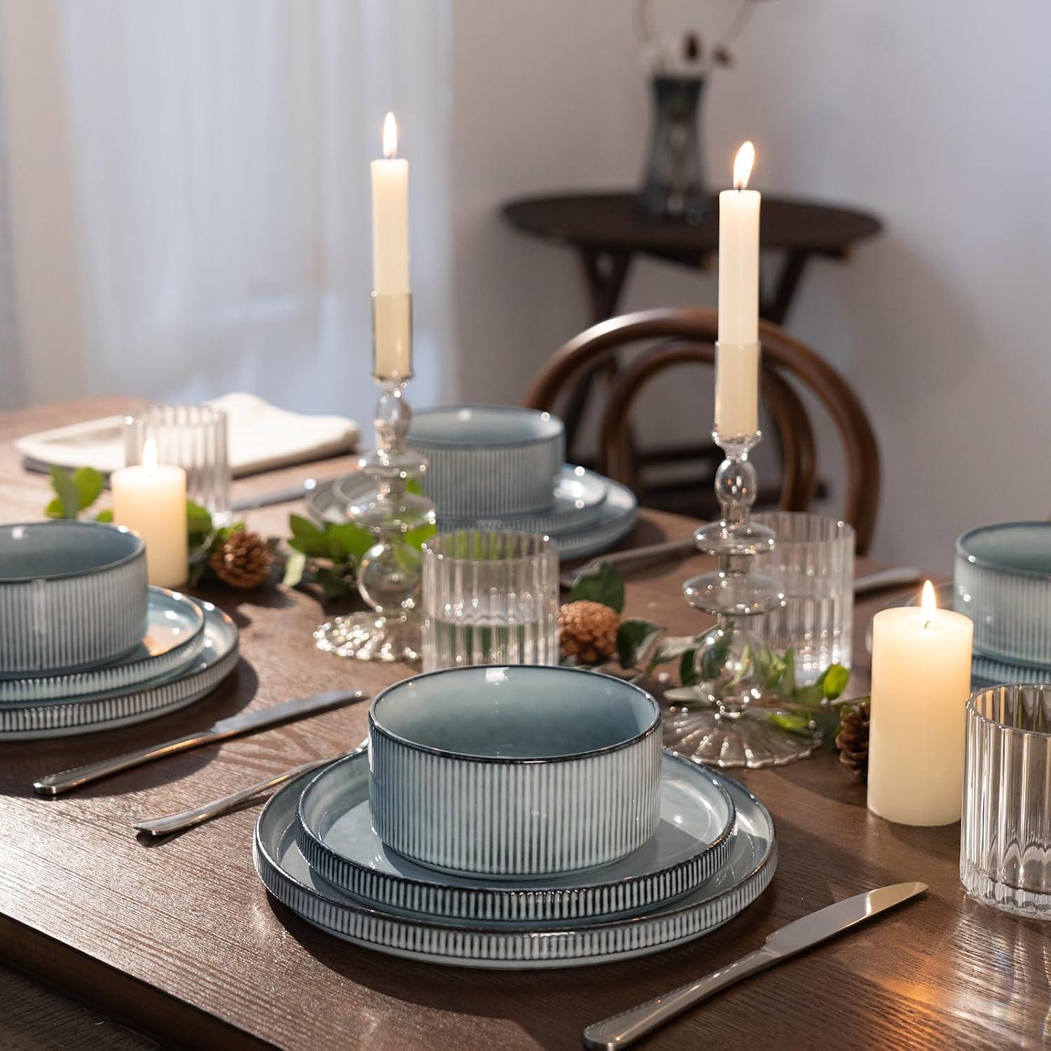 Famiware Star Stoneware Dinnerware Sets, Plates and Bowls Set for 4, 12 Piece Dish Set, Smoky Blue