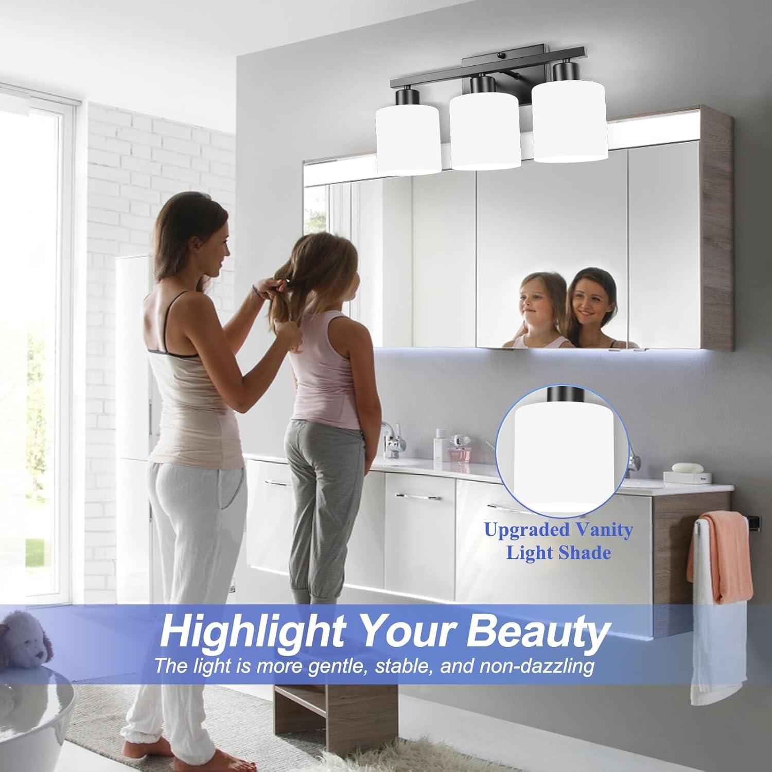 Black Modern 3-Light Bathroom Vanity Fixture with Milky White Glass Shades