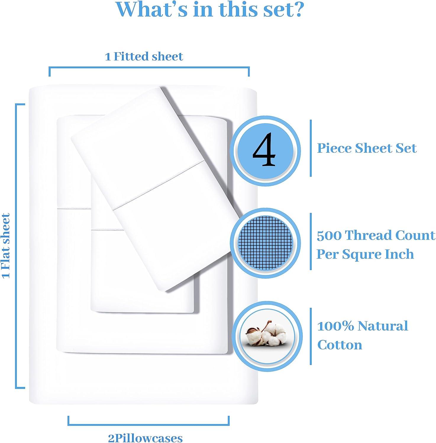 Feather & Stitch 500 TC Queen Size Damask Bed Sheet Set, 100% Cotton Soft Breathable Bedsheets, 4 Piece 18" Deep Pockets Sateen Weave Striped Bedding Mattress Resort Hotel Luxury- (Solid White, Queen)