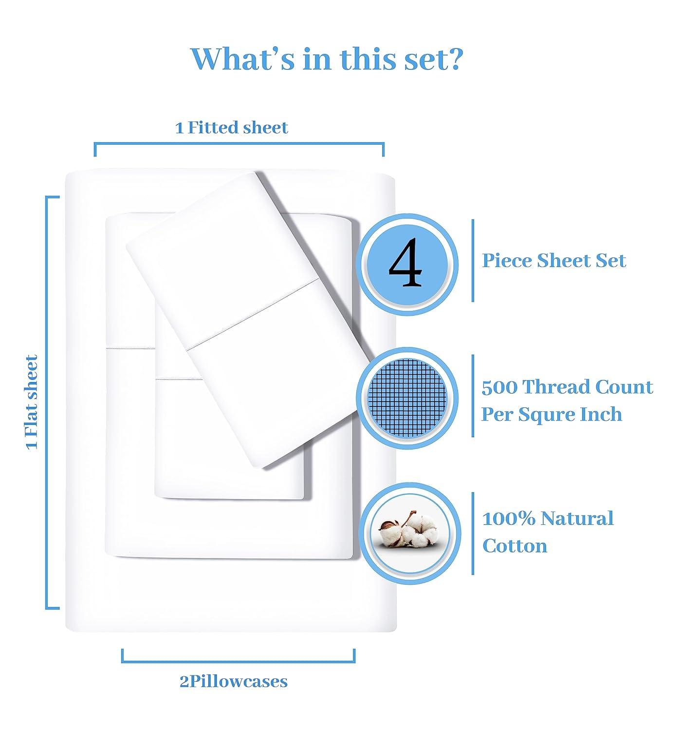 Feather & Stitch 500 TC Queen Size Damask Bed Sheet Set, 100% Cotton Soft Breathable Bedsheets, 4 Piece 18" Deep Pockets Sateen Weave Striped Bedding Mattress Resort Hotel Luxury- (Solid White, Queen)