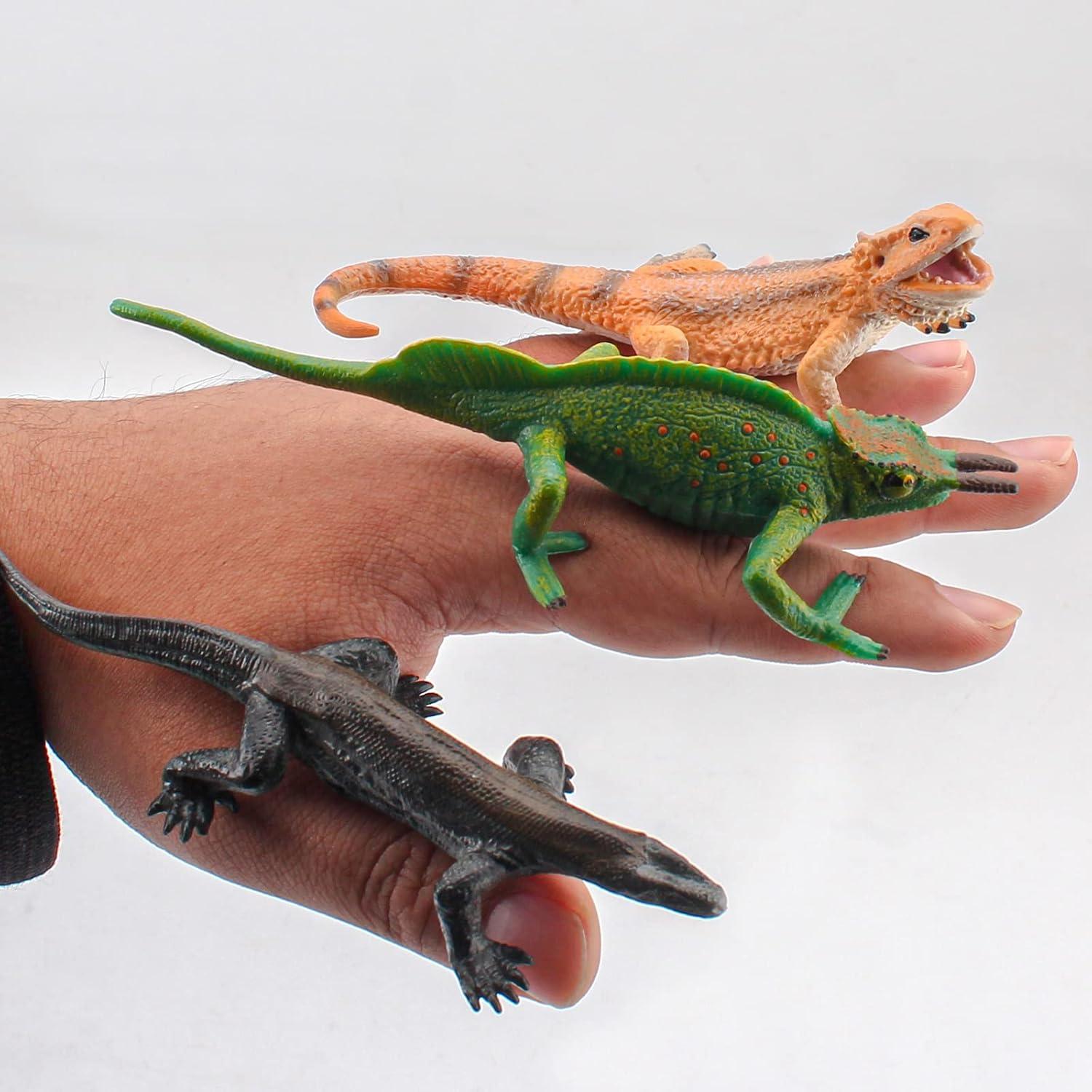 3PCS Plastic Lizard Figure Bearded Dragon Toy Forest Chameleon Woodland Animal Figurines Toys Set Plastic Animals Figure Gift for Kids Birthday 3 4 5 6 Year Old